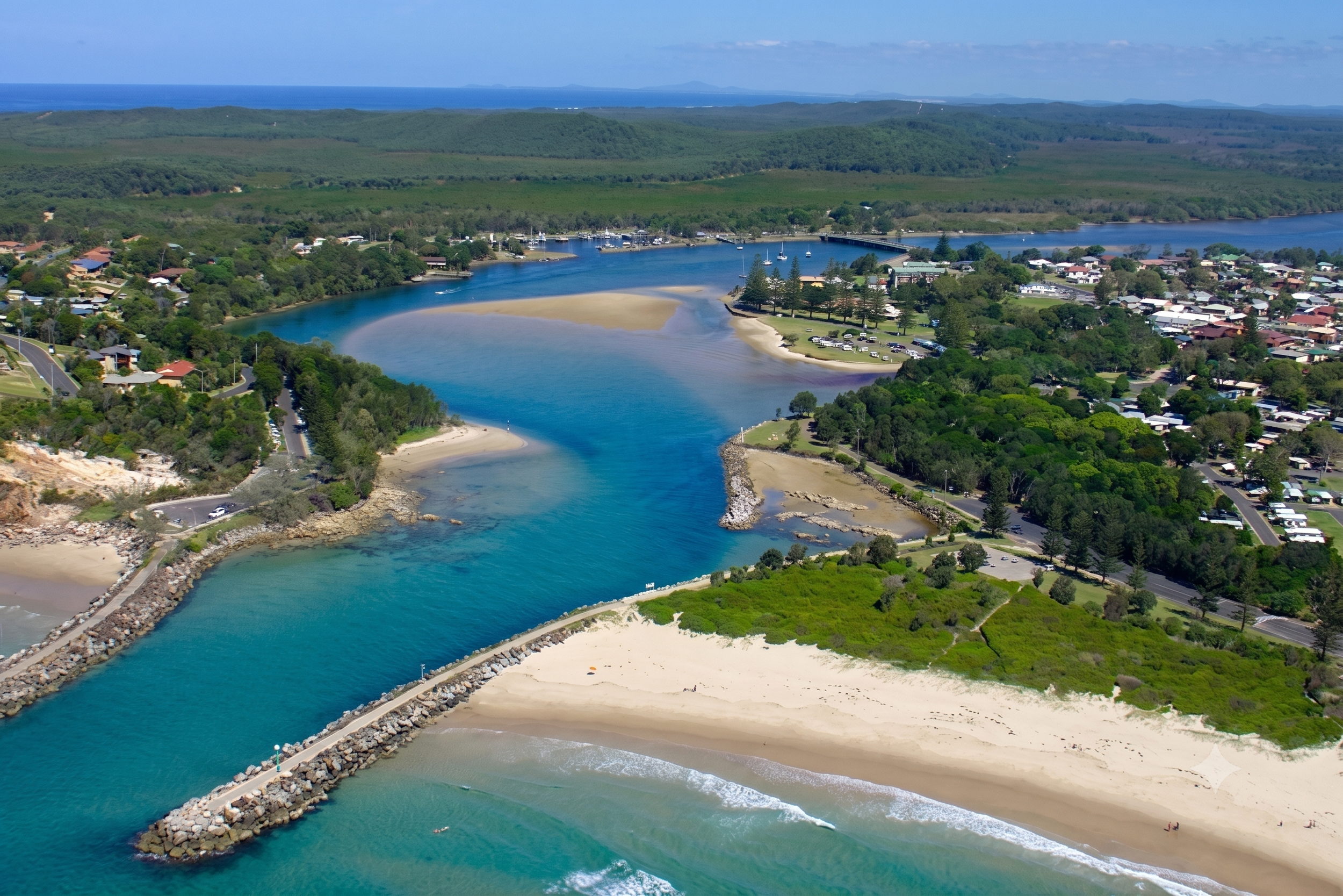 Aerial view of Evans Head NSW river mouth and beach, an Oke Building service area