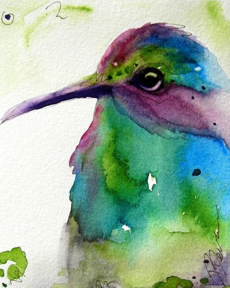 Watercolor painting of a colorful hummingbird with shades of purple, green, and blue, with a white background.