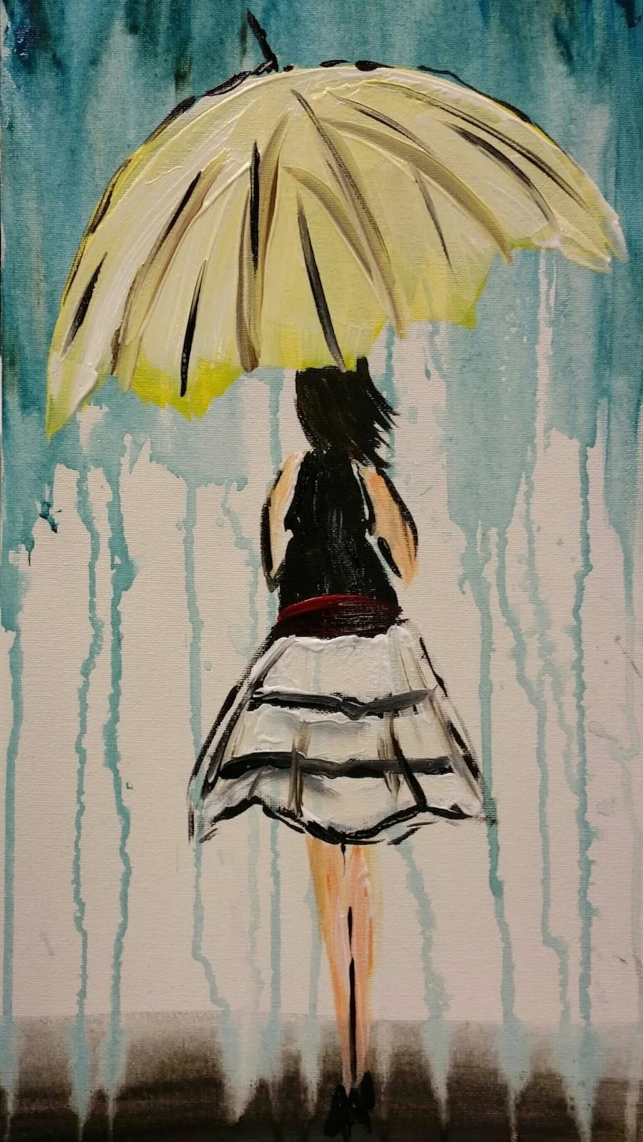 Painting of a girl holding a yellow umbrella, standing in the rain, wearing a black sleeveless top and a white skirt with black stripes.