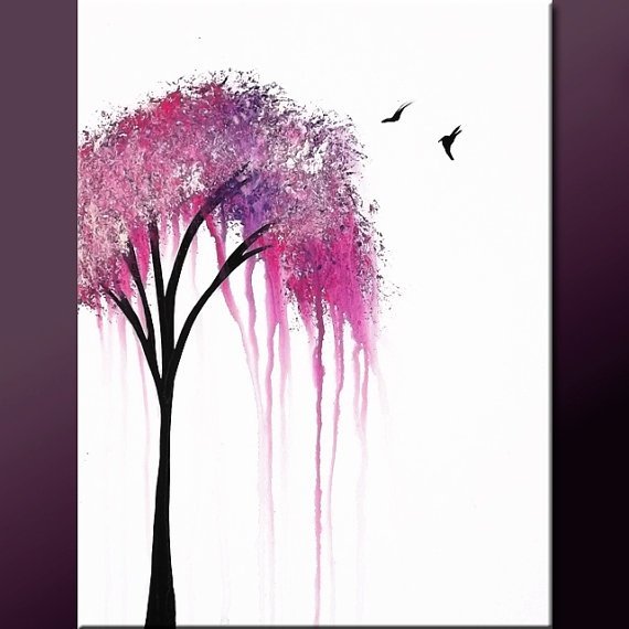Abstract watercolor painting of a pink flowering tree with black branches, two birds flying near the top right.