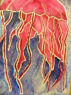 Abstract watercolor painting with red, blue, and yellow colors, featuring gold lines forming organic shapes.