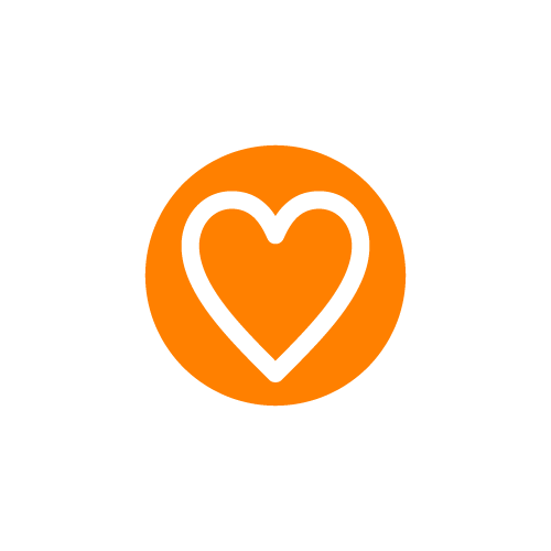 Icon with a heart in the center surrounded by interconnected white lines on an orange circular background.