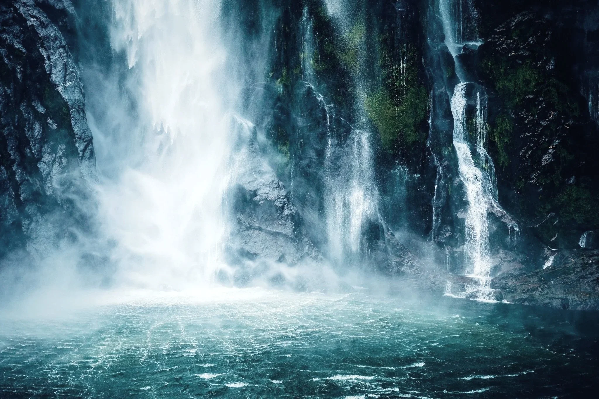 Waterfall flowing into a pool of water with mist and rocks.