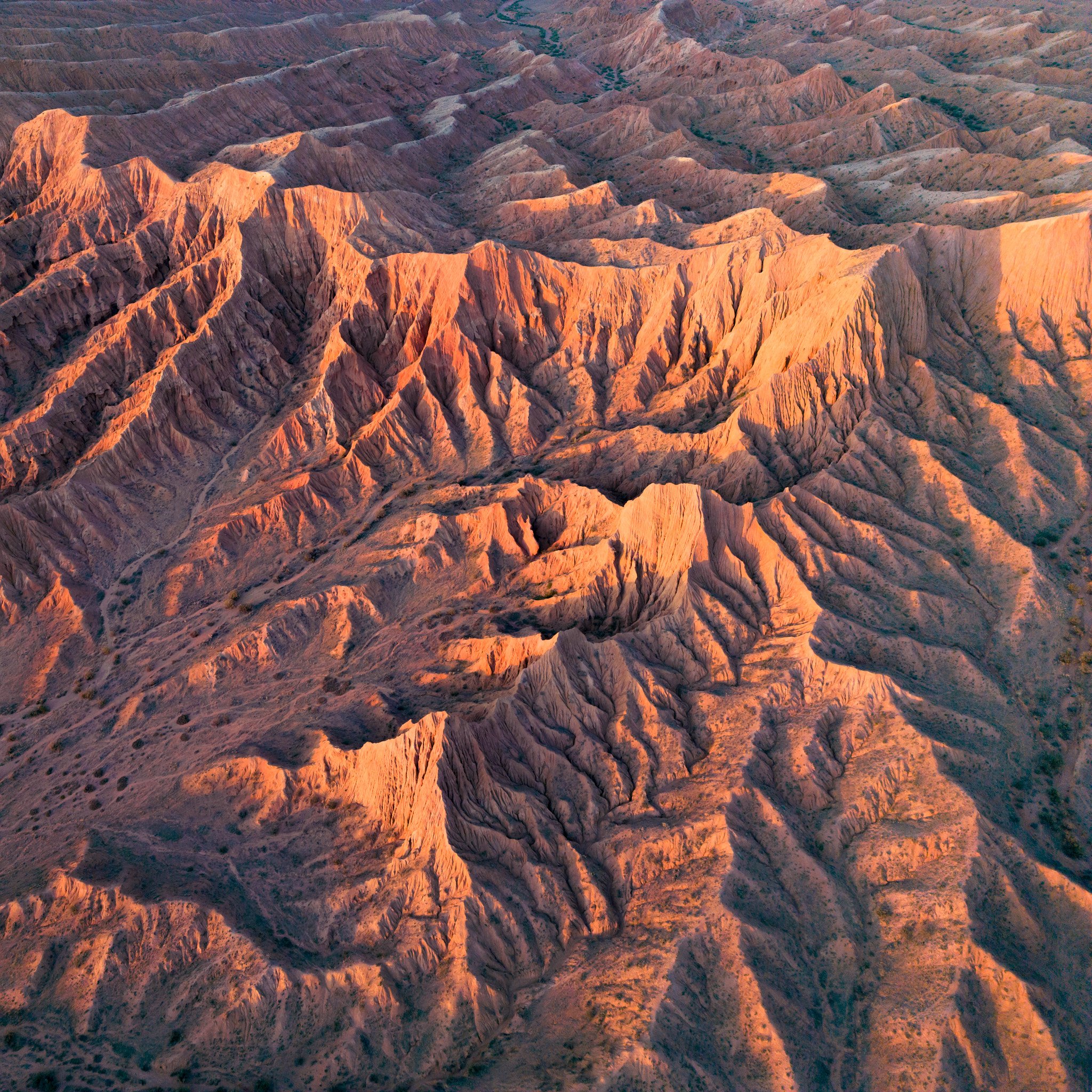 Aerial view of colorful canyon landscape with rugged ridges and deep valleys, illuminated by warm sunlight.