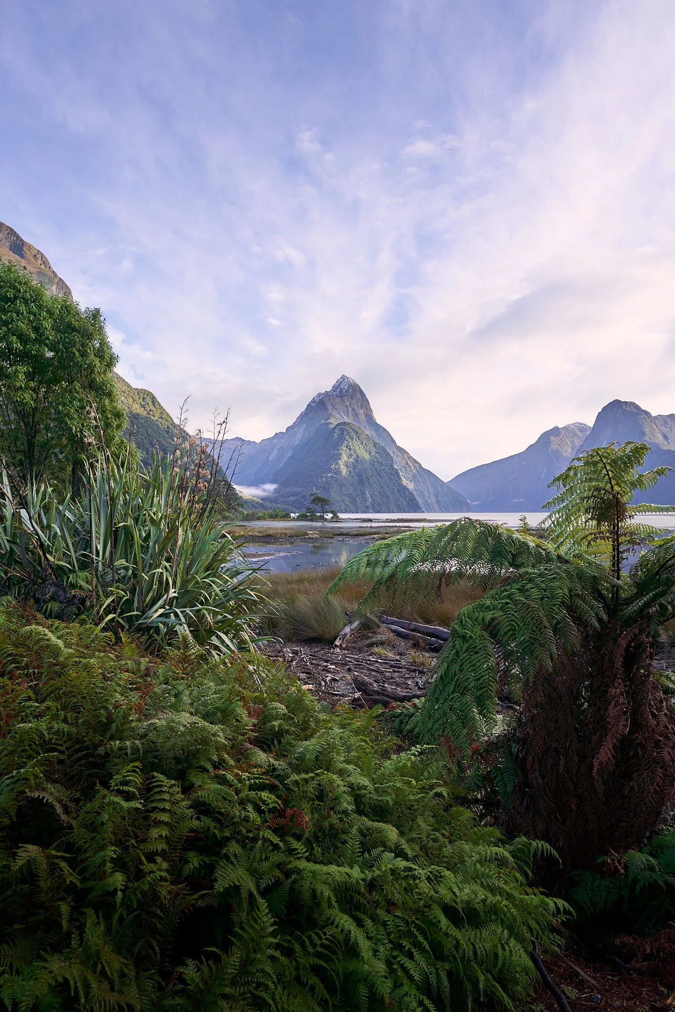 Scenic view of green mountain landscape with clear sky, lush plants, and a body of water in the foreground.