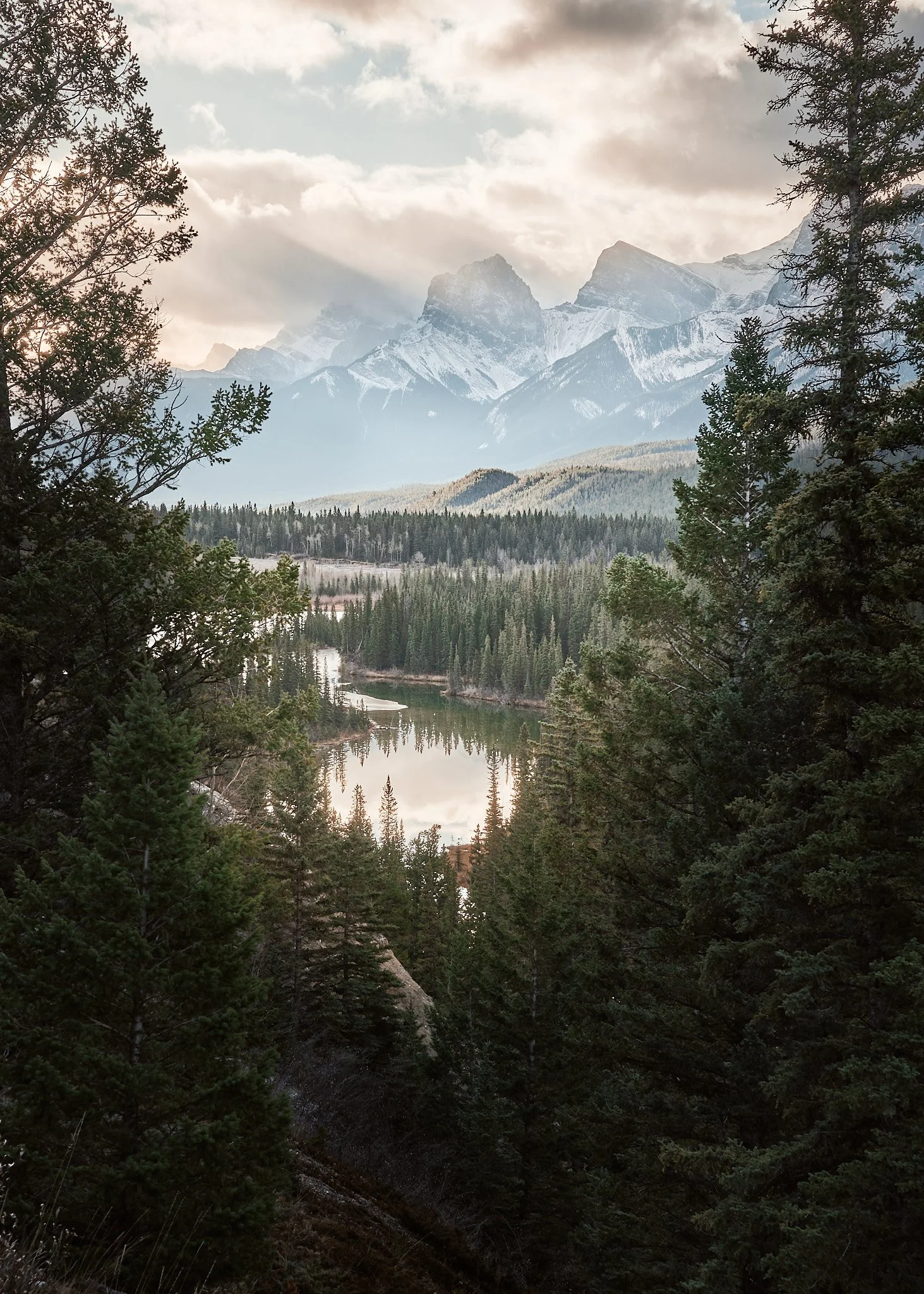 A scenic landscape of a forested area with a river, surrounded by mountains with snow-capped peaks under a cloudy sky.