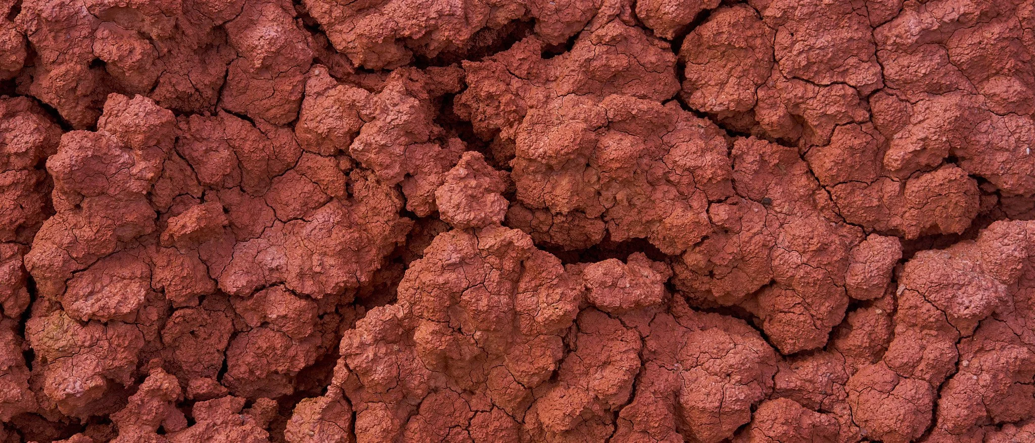 Close-up of red, cracked, dry soil or clay with rough texture.