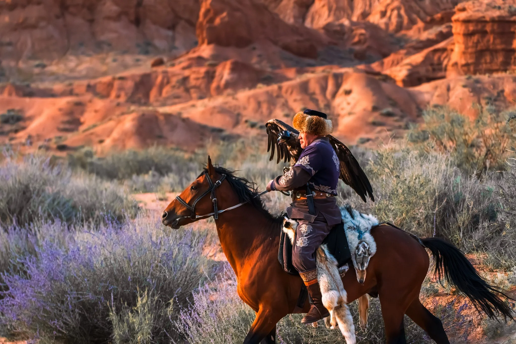 A person riding a horse in a desert landscape with red rock formations and sparse bushes, wearing traditional Indigenous clothing and a fur hat, with eagle wings attached to their shoulders.