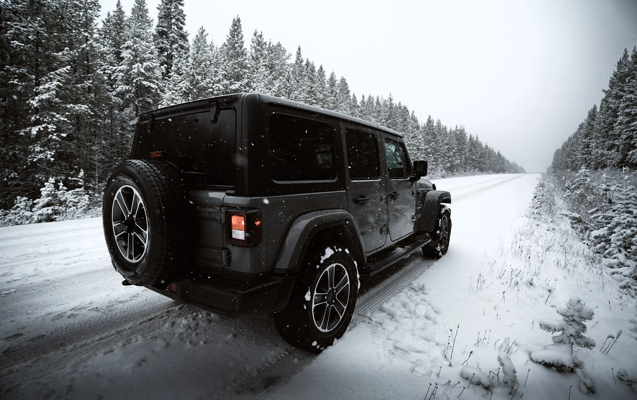 A black SUV driving on a snow-covered road in a winter forest with snow-covered trees.