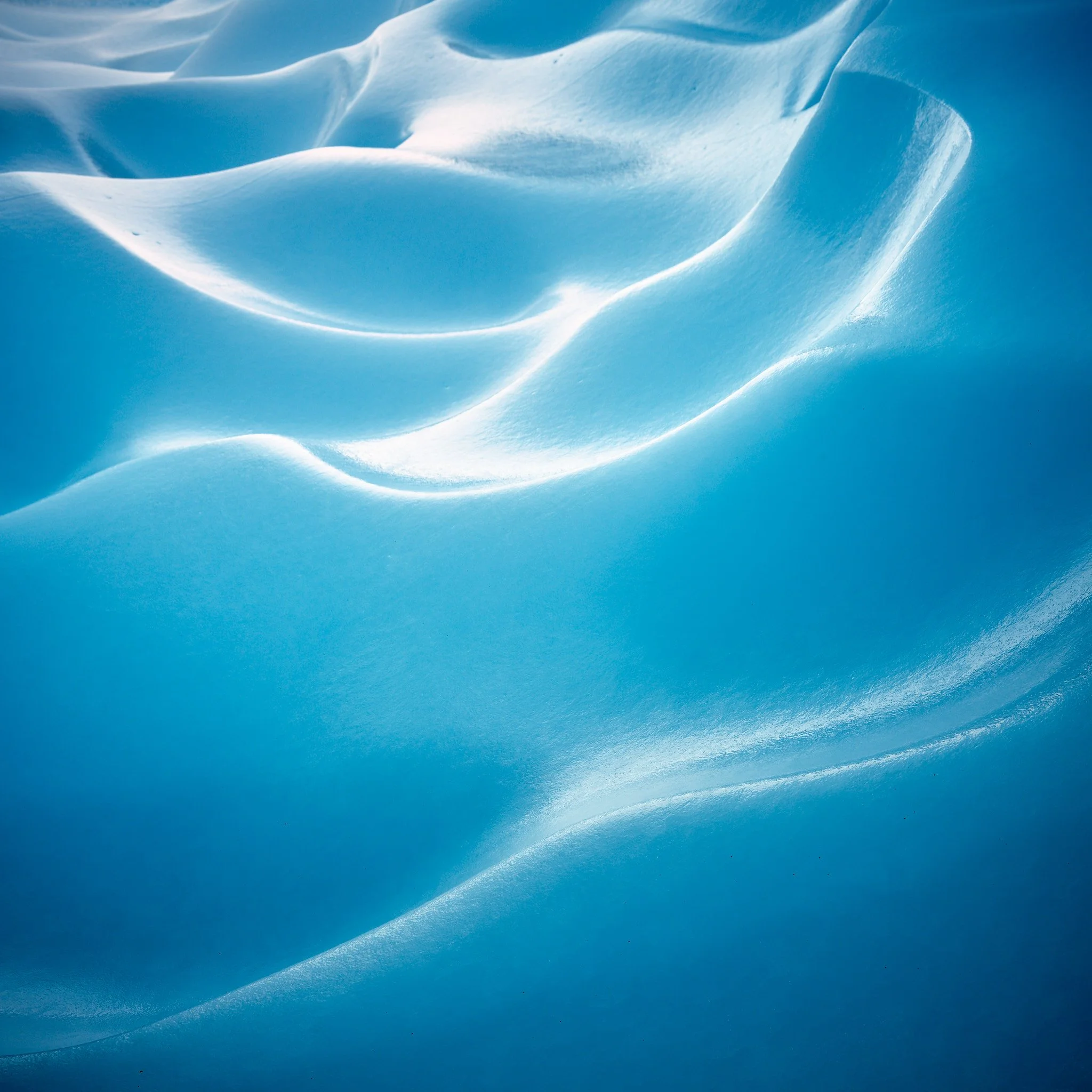 Close-up of smooth, wind-sculpted snow or ice formations in shades of blue.