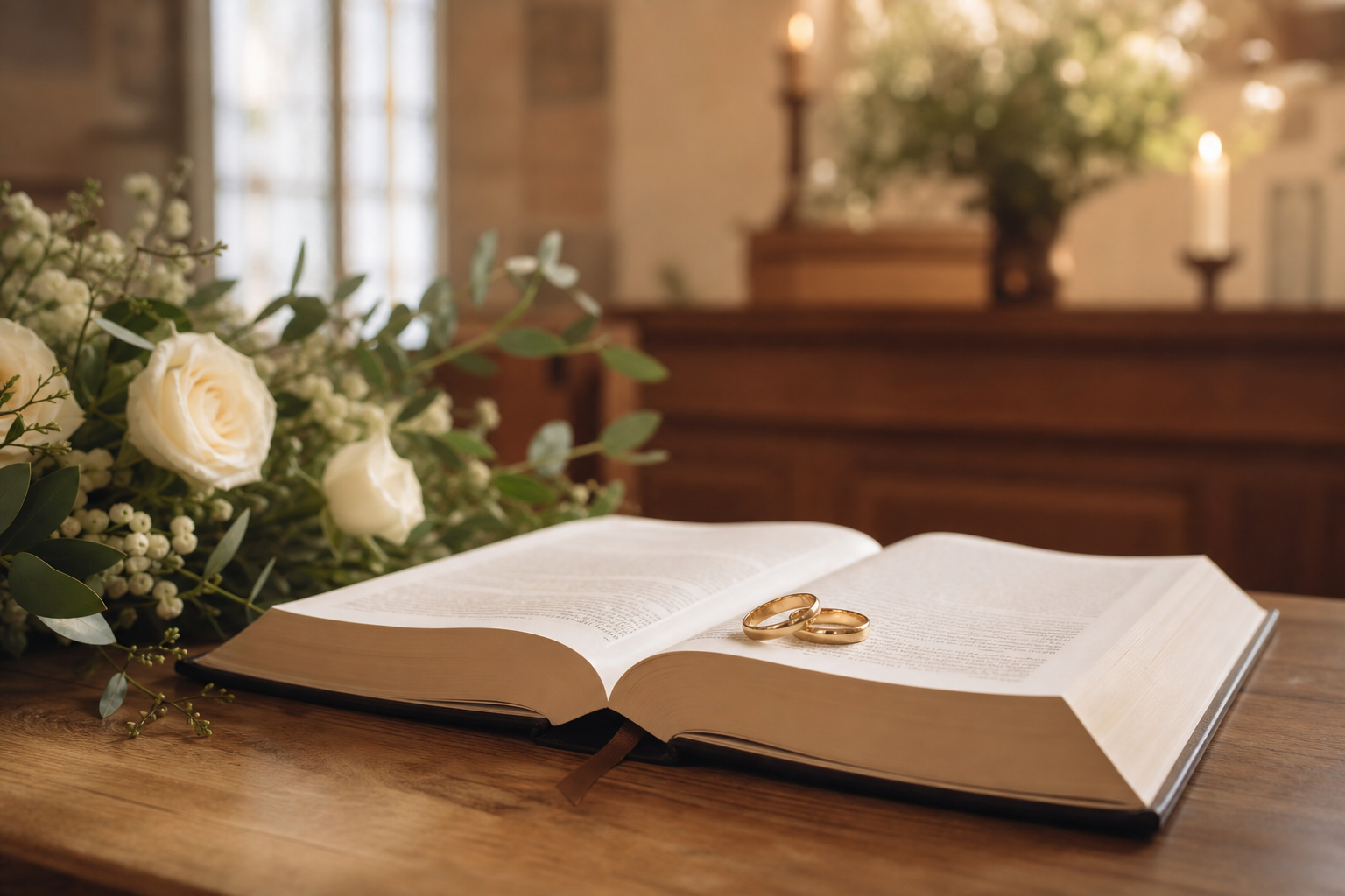 Wedding rings resting on an open Bible beside ivory flowers in a softly lit chapel.