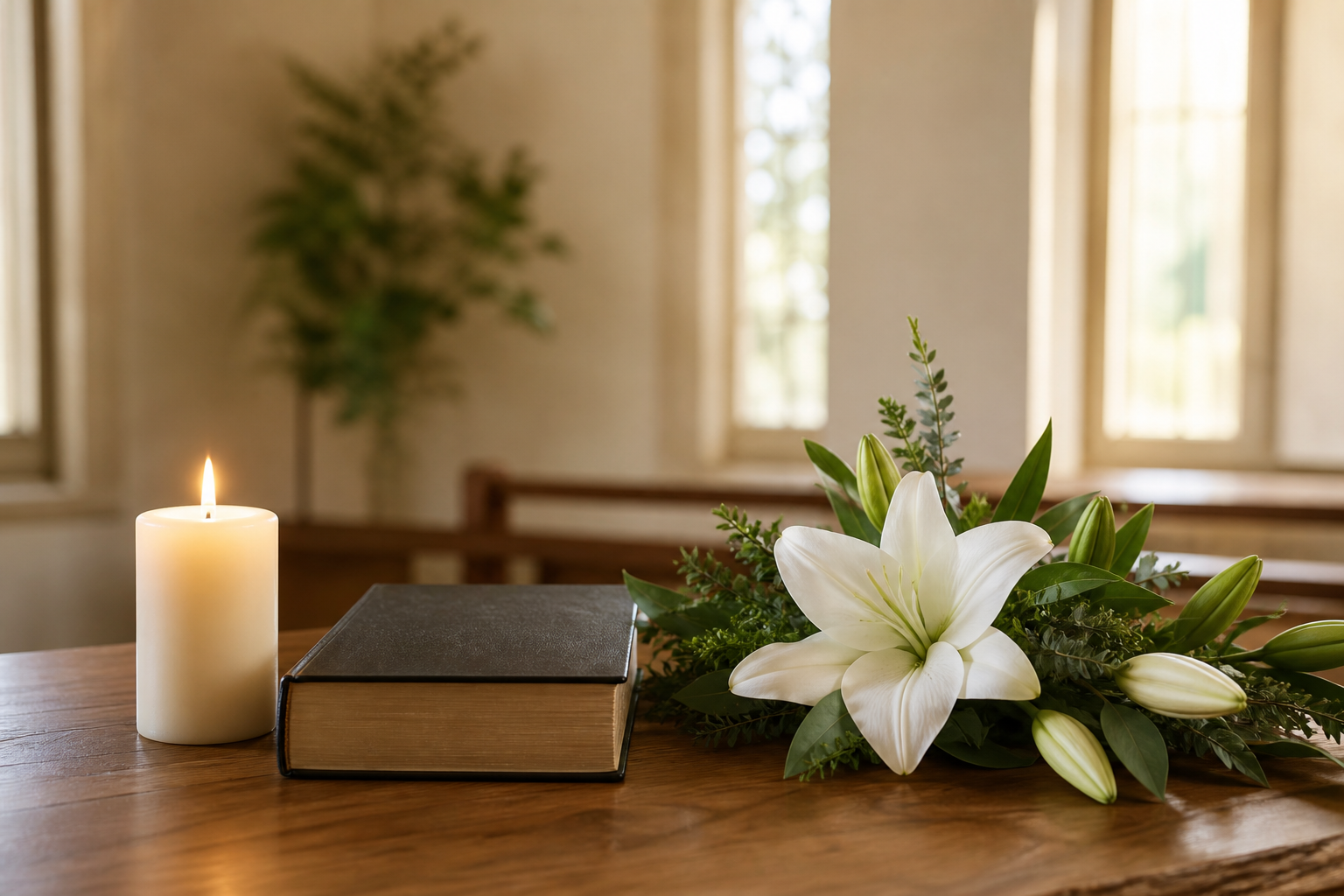 A softly glowing candle beside a Bible and white lilies in a peaceful chapel.
