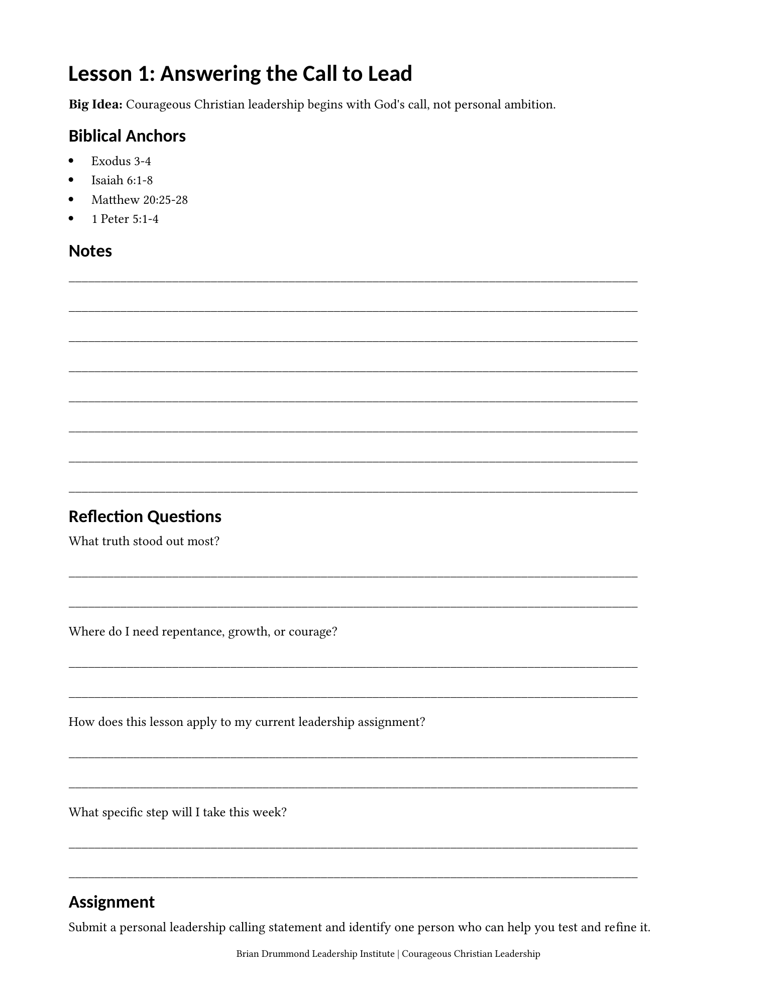 Sample student workbook page — Lesson 1: Answering the Call to Lead