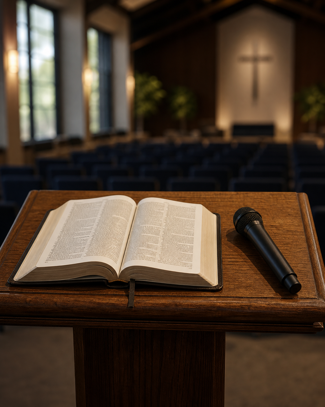 An open Bible and microphone on a church lectern, prepared for a Christian leadership message.