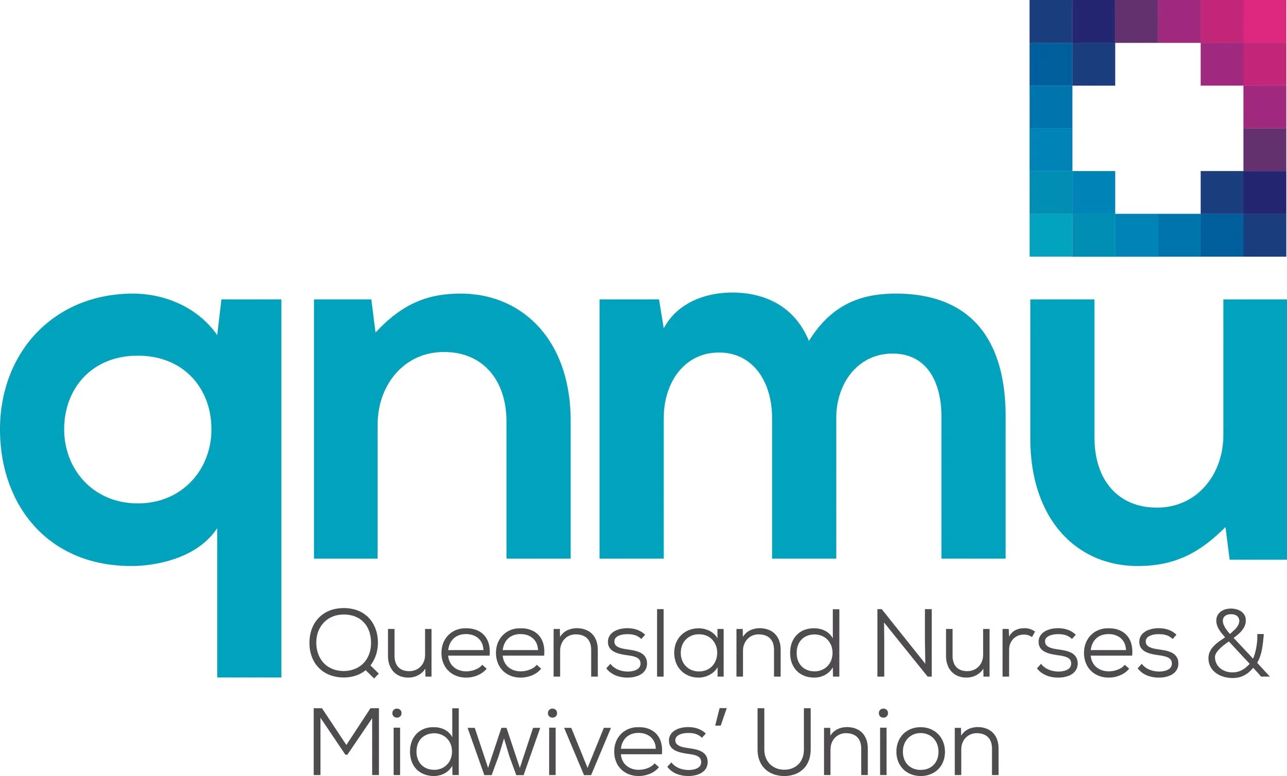 Logo of Queensland Nurses and Midwives' Union with large blue stylized text and a pixelated graphic square of purple, pink, and blue in the upper right corner.