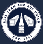 Logo of the Rail, Tram and Bus Union featuring a train, tram, and bus in a circular design with the union's name and establishment year 1861.