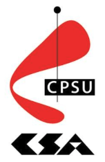 CPSU CSA union logo in red and black text with a red swirl image behind the text.