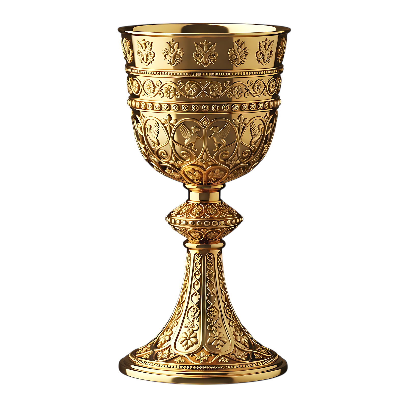 A gold ornate chalice with intricate floral and butterfly designs, set against a black background.