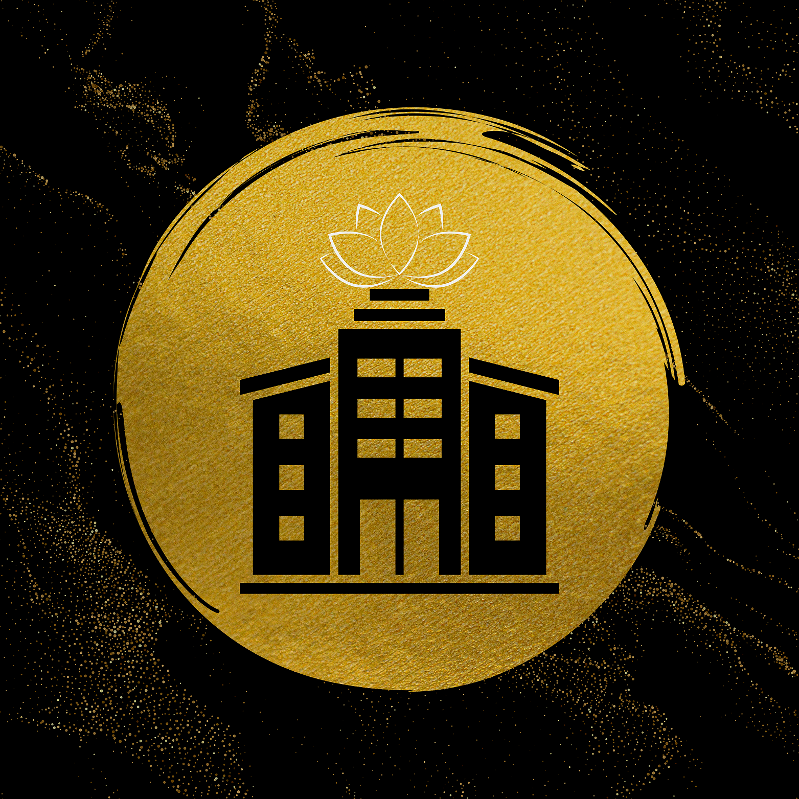 A stylized black line drawing of a building with three tiers, topped with a lotus flower, inside a gold circle against a black background decorated with gold dots and abstract lines.