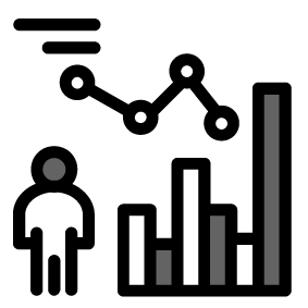 A simple black background with four gray bars of varying heights, resembling a bar graph, and a small gray circle in the lower left corner.