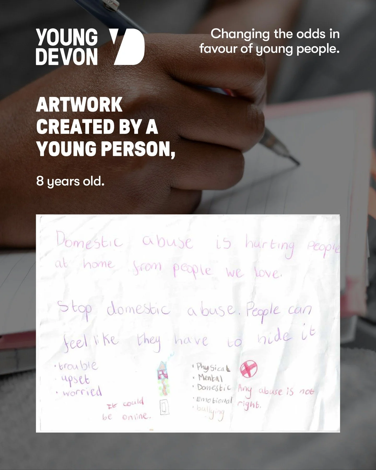 An 8-year-old shared their understanding of domestic abuse through this artwork, asking along the way: &ldquo;Why do people do it?&rdquo;

Discover how we help young people feel safe and heard: youngdevon.org