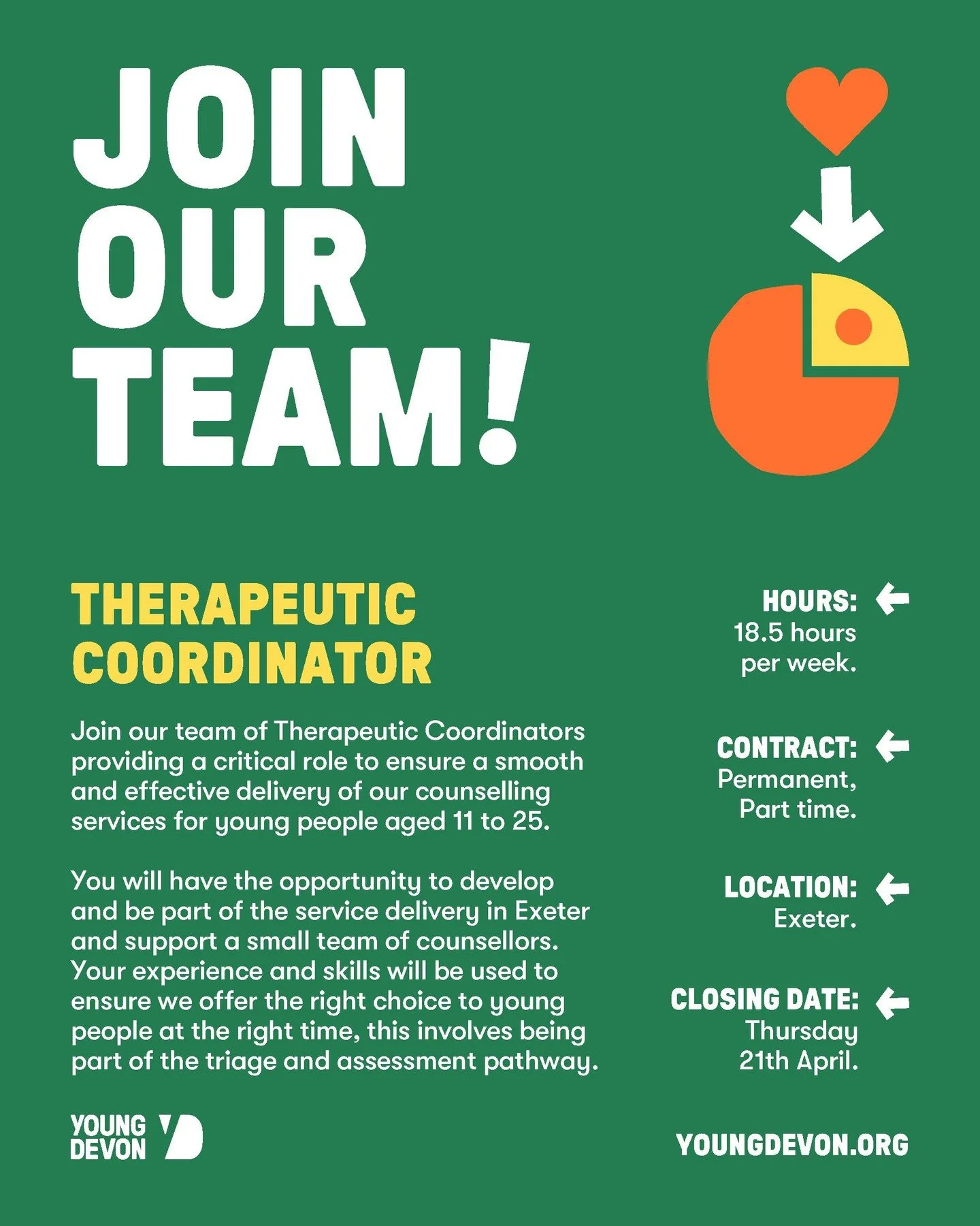 We're hiring!

Join our team of Therapeutic Coordinators across Devon, Torbay and Plymouth providing a critical role to ensure a smooth and effective delivery of our counselling services for young people aged 11 to 25.

View find out more about this 