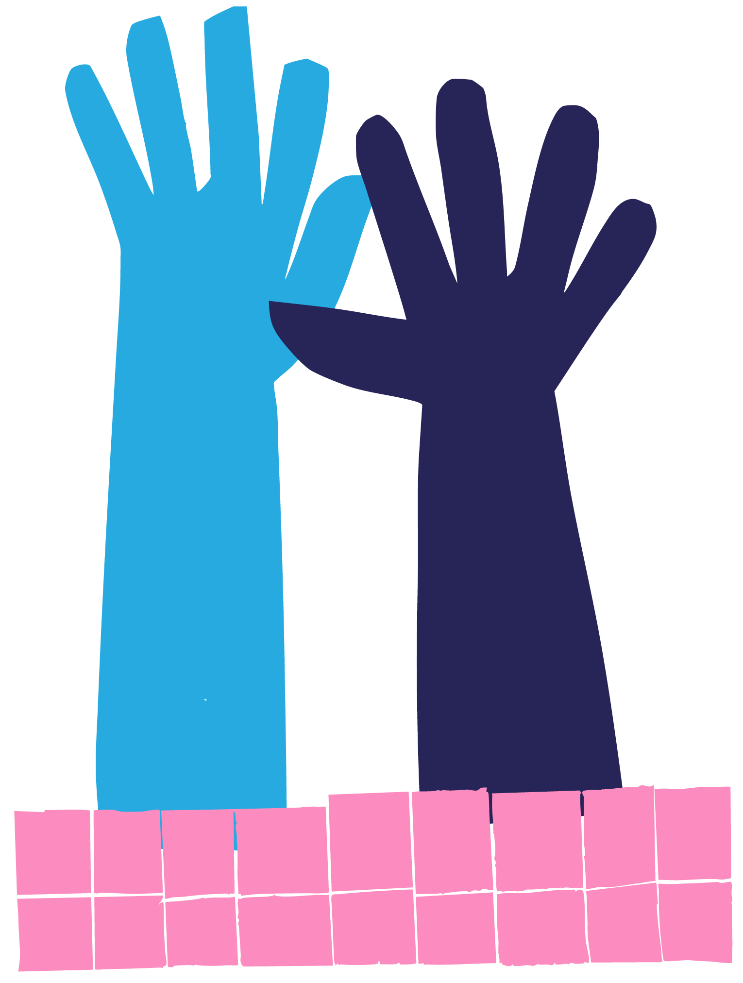 Illustration of two raised hands, one light blue and one dark blue, above a pink brick wall.