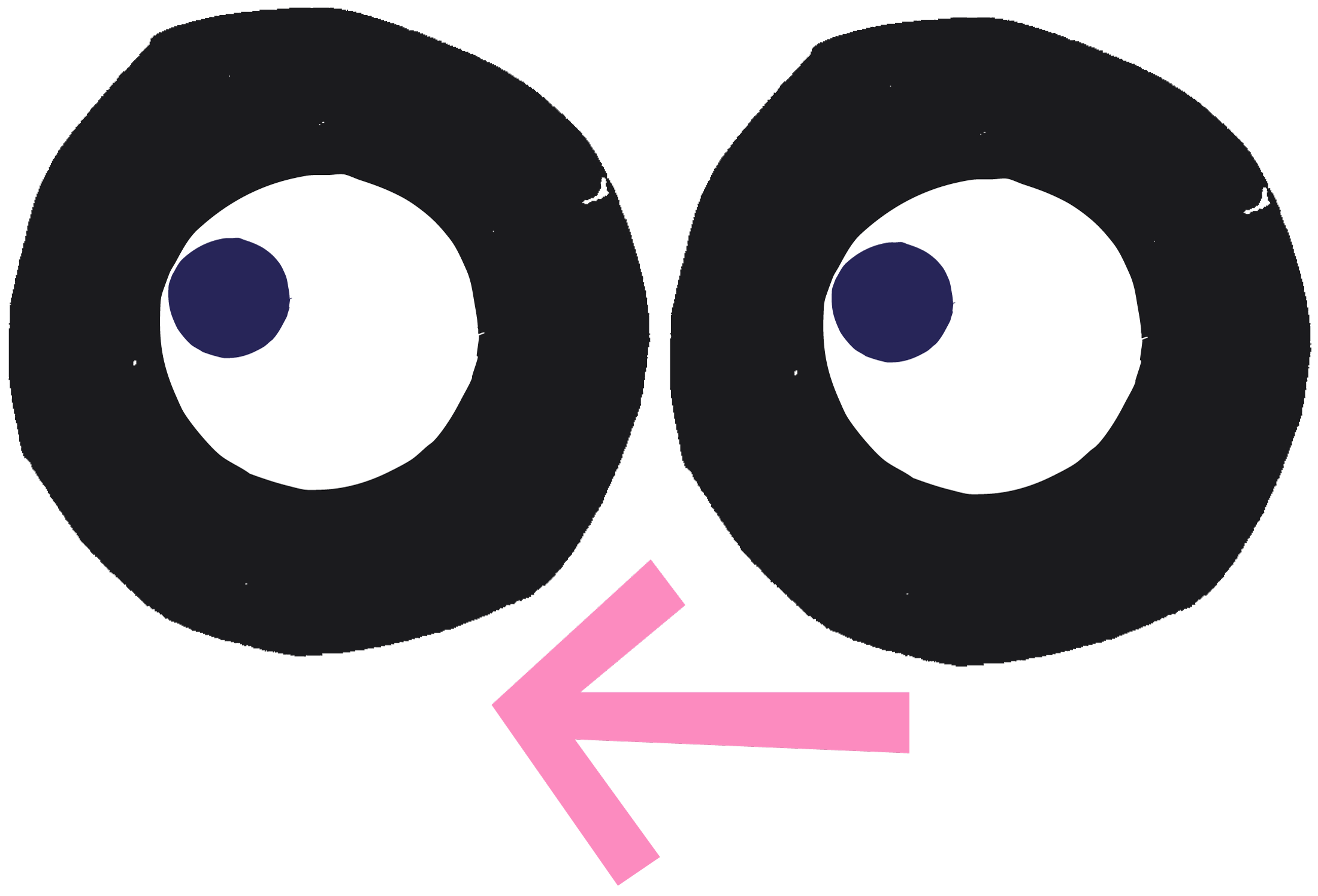 Cartoon drawing of a black cat's face with two large eyes and a pink arrow pointing to the left.