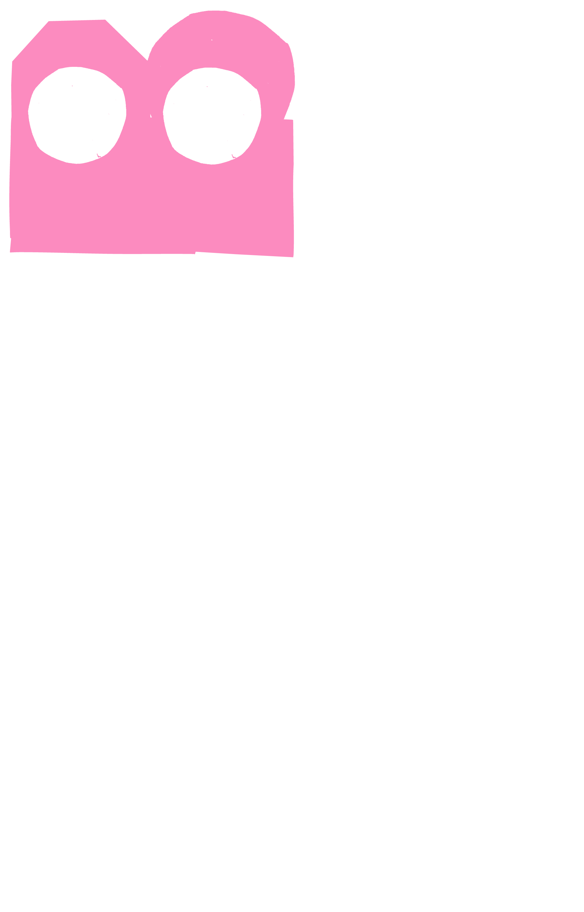 A hand-drawn illustration of a cat made from a 3x4 grid of white squares, with pink and black details for the face, and an irregular grid of white squares for the tail and body, all on a black background.