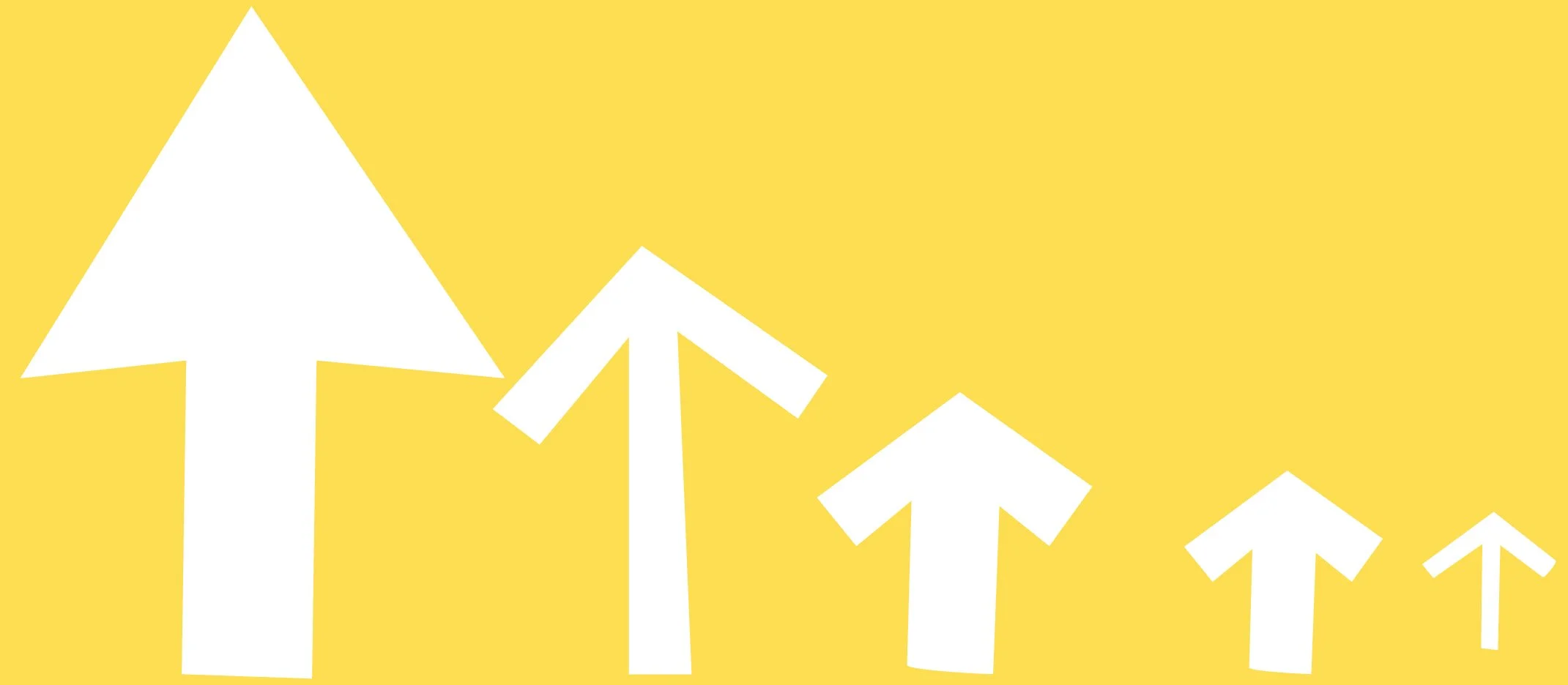 Five white arrows of increasing smaller size pointing upward on a yellow background.