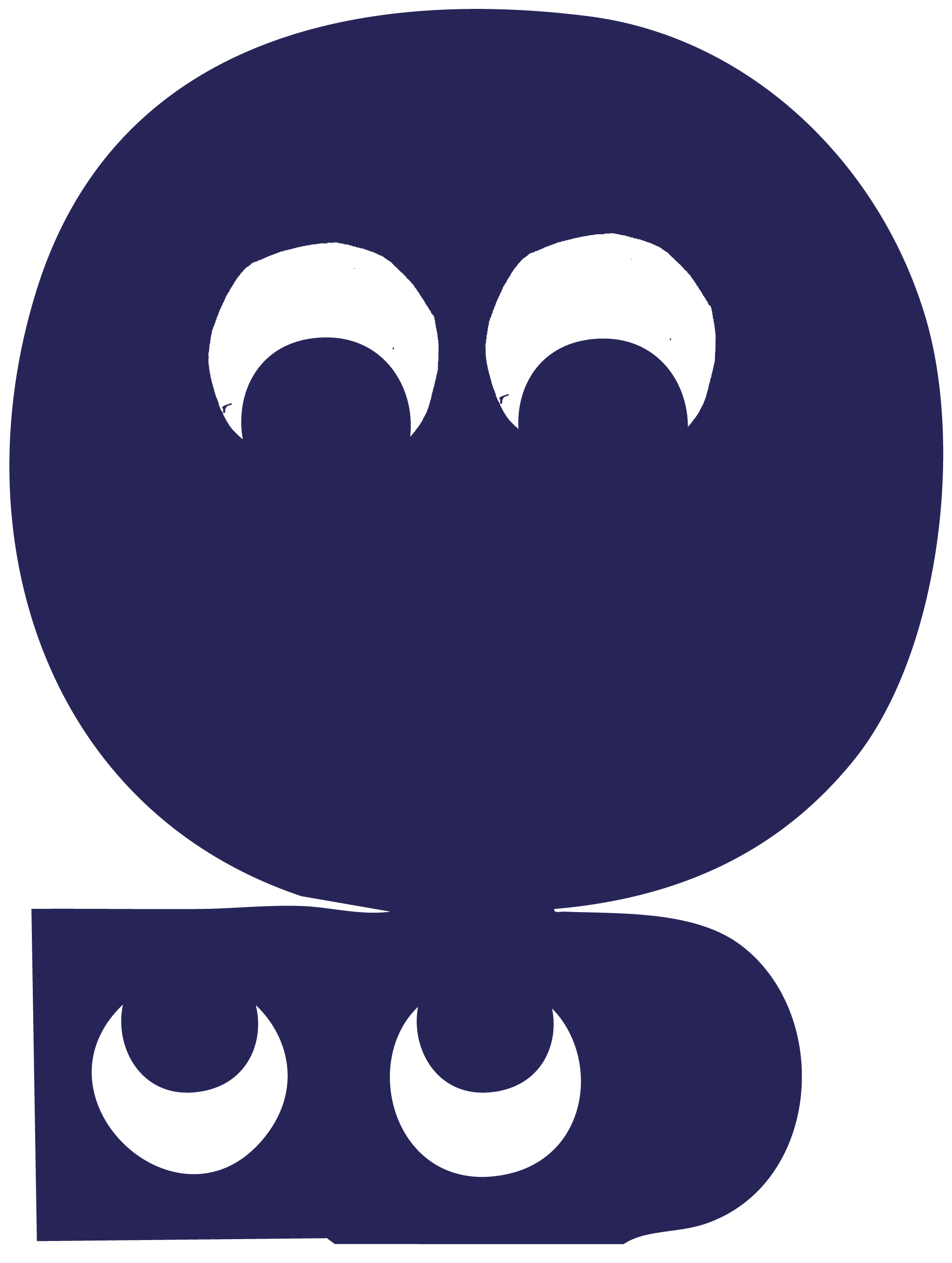 A digital illustration of a stylized, navy blue, ghost-like figure with two large, hollow, eye sockets and a rounded head, against a black background.