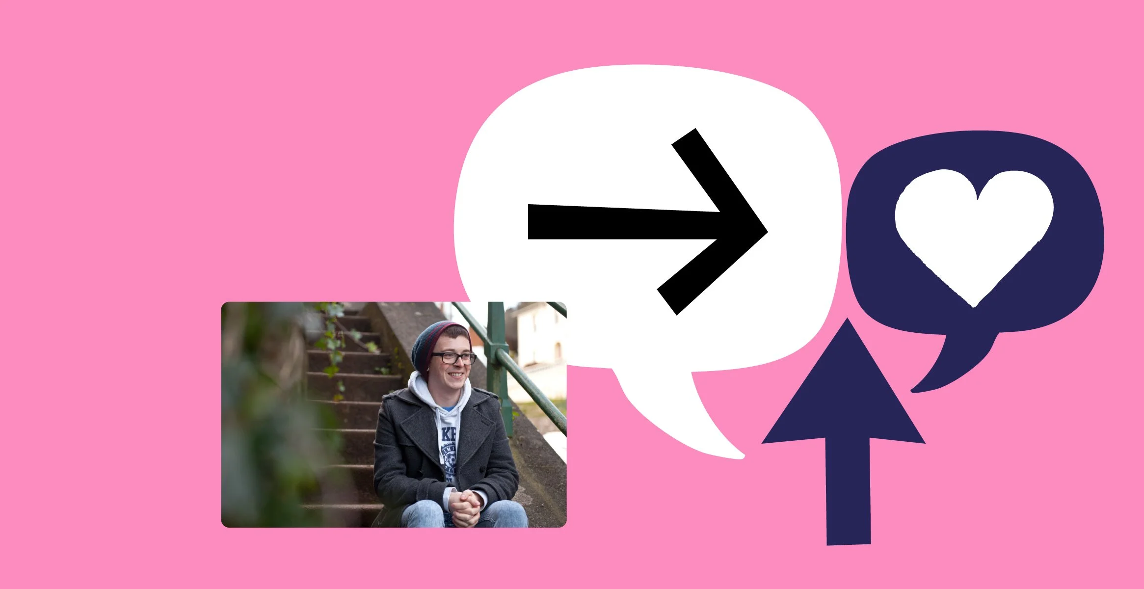 A smiling young man sitting on outdoor stairs, wearing glasses, a beanie, a dark jacket, and a hoodie, with speech bubbles featuring a right arrow and hearts over a pink background.