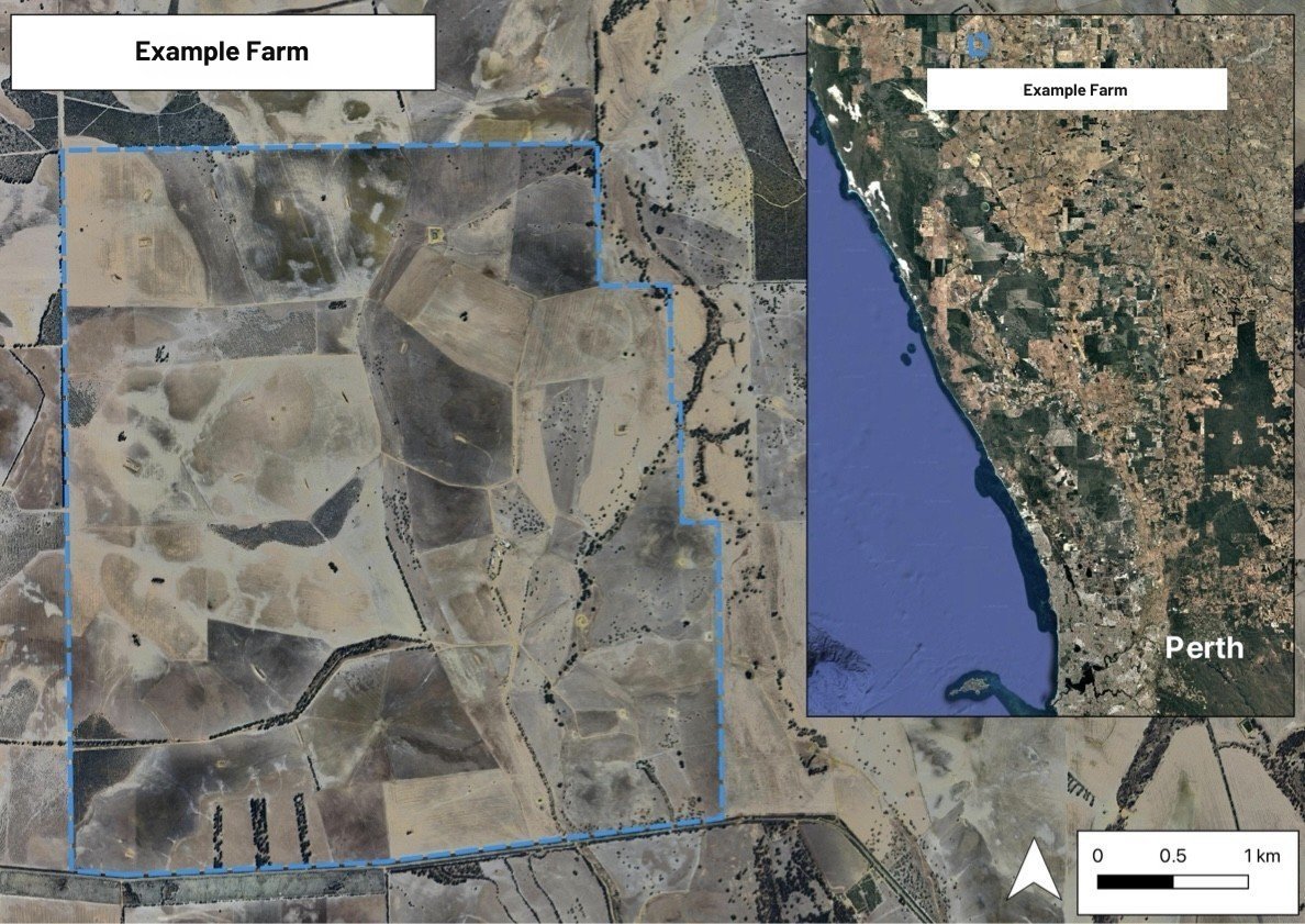 Satellite map of an example farm near Perth with the soil carbon project area outlined
