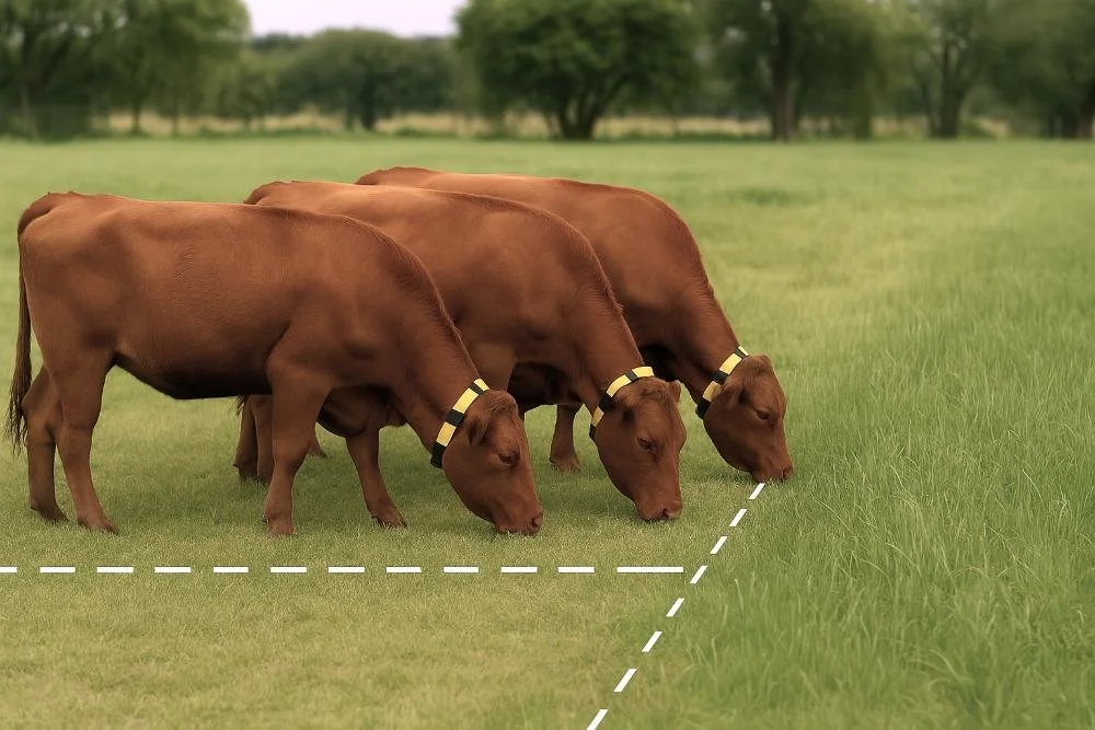 Cattle with collars grazing behind a virtual fence line