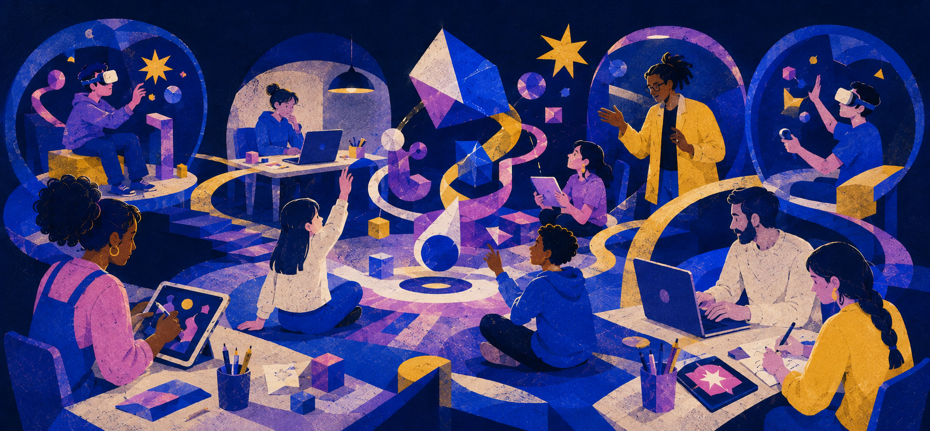 Illustration of diverse people engaging in a technology and science workshop, with virtual reality, laptops, tablets, and digital graphics representing creativity and innovation.