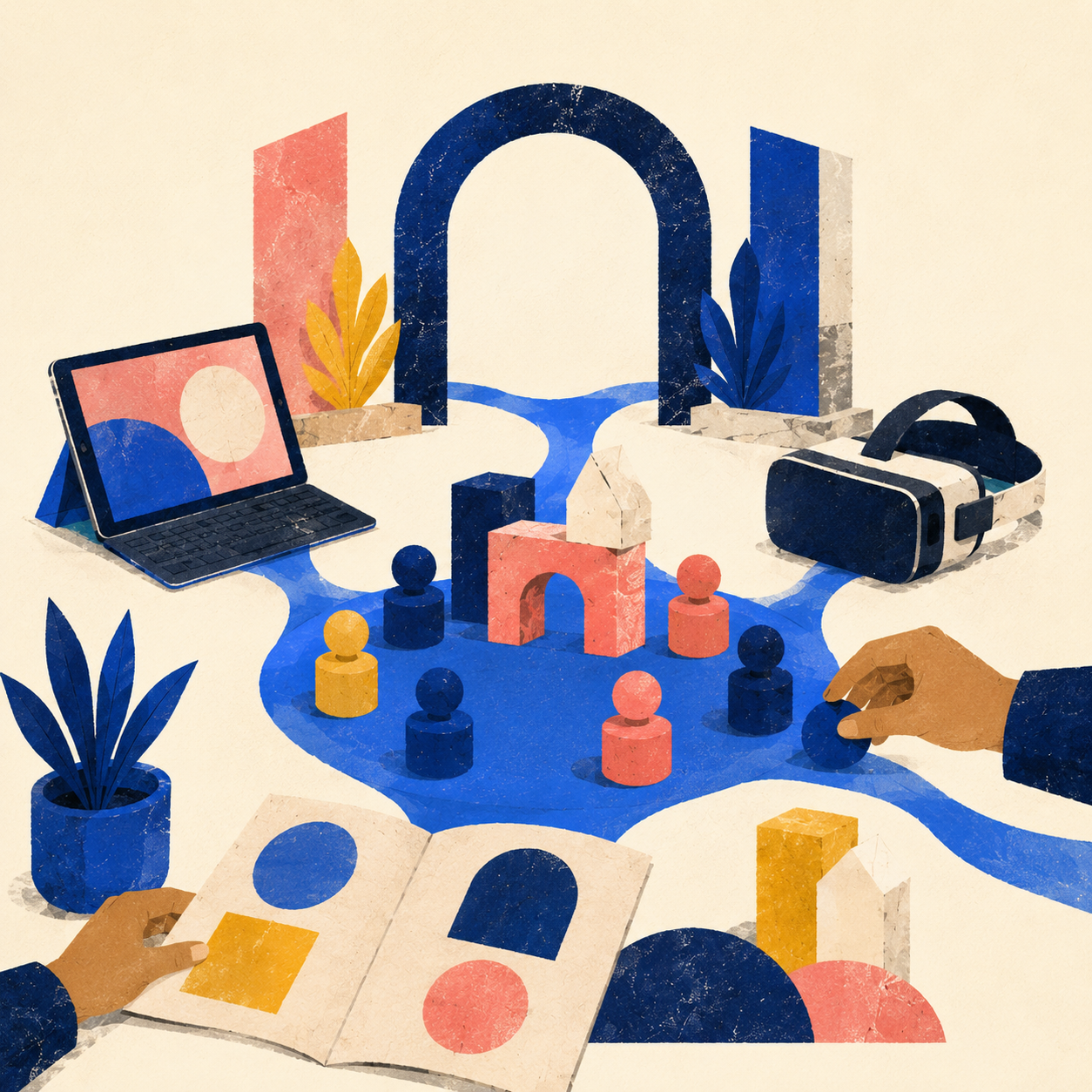 Digital illustration of cybersecurity concepts including a lock, laptop, virtual reality headset, puzzle pieces, game figures, plant, and open book with diagrams.