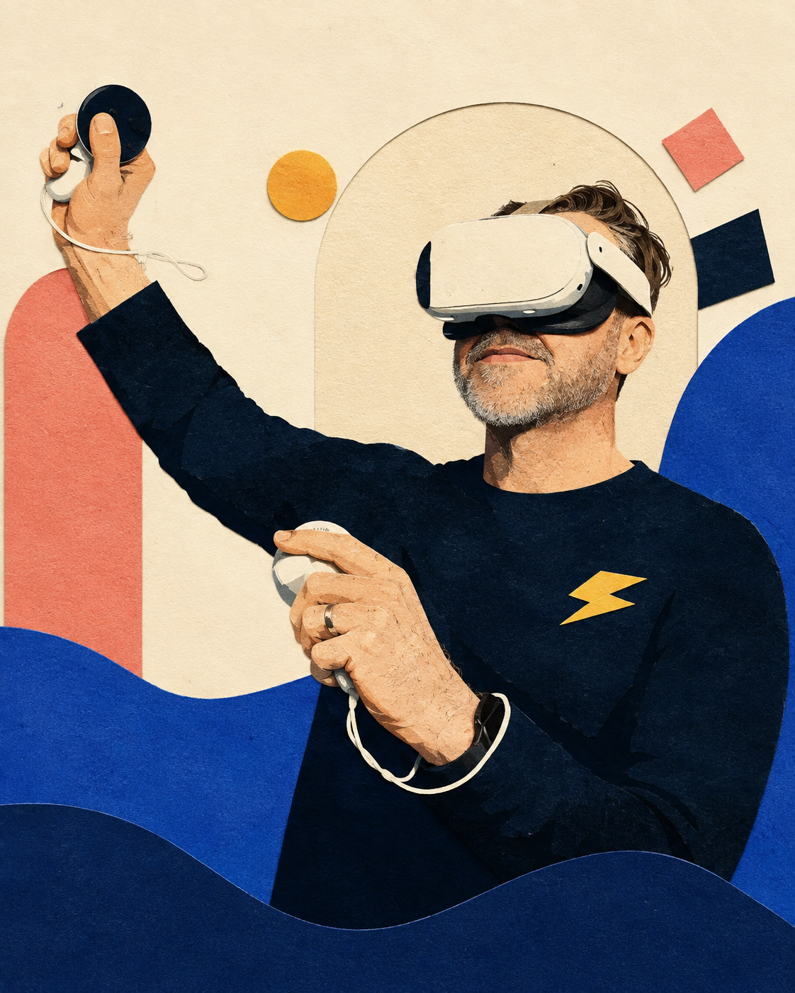 A man using a virtual reality headset, holding a controller in one hand, against a colorful abstract background with geometric shapes and wavy patterns.