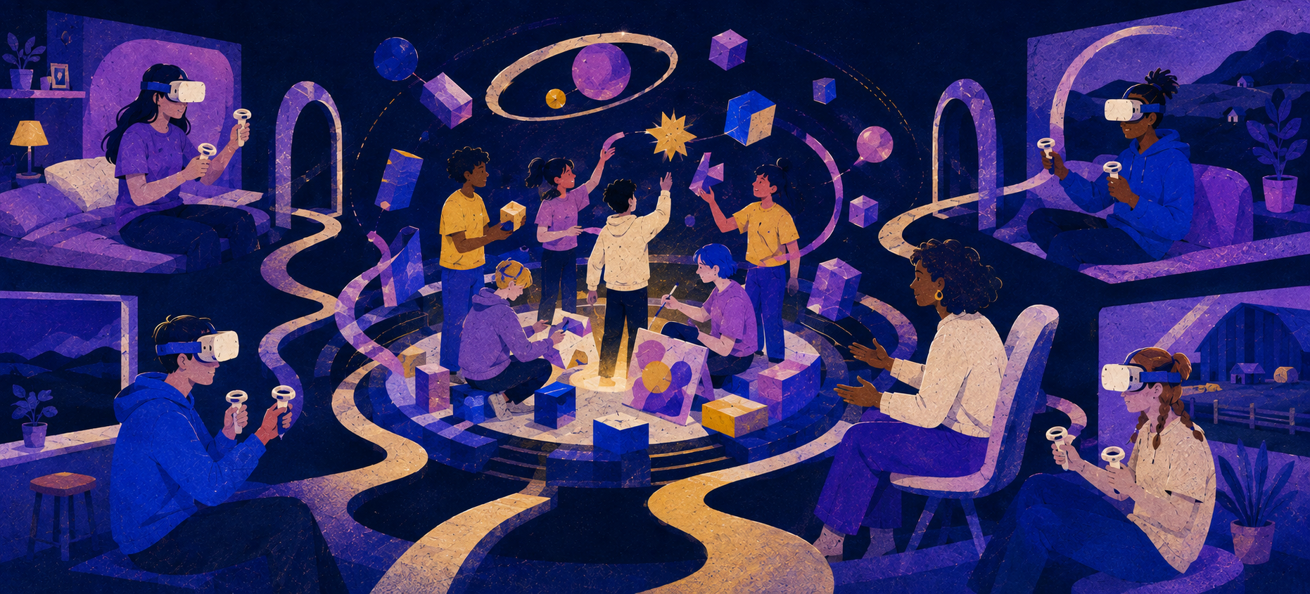 Illustration of people in virtual reality headsets engaging in activities related to science, space, and creativity in a colorful, imaginative environment with floating geometric shapes and cosmic elements.