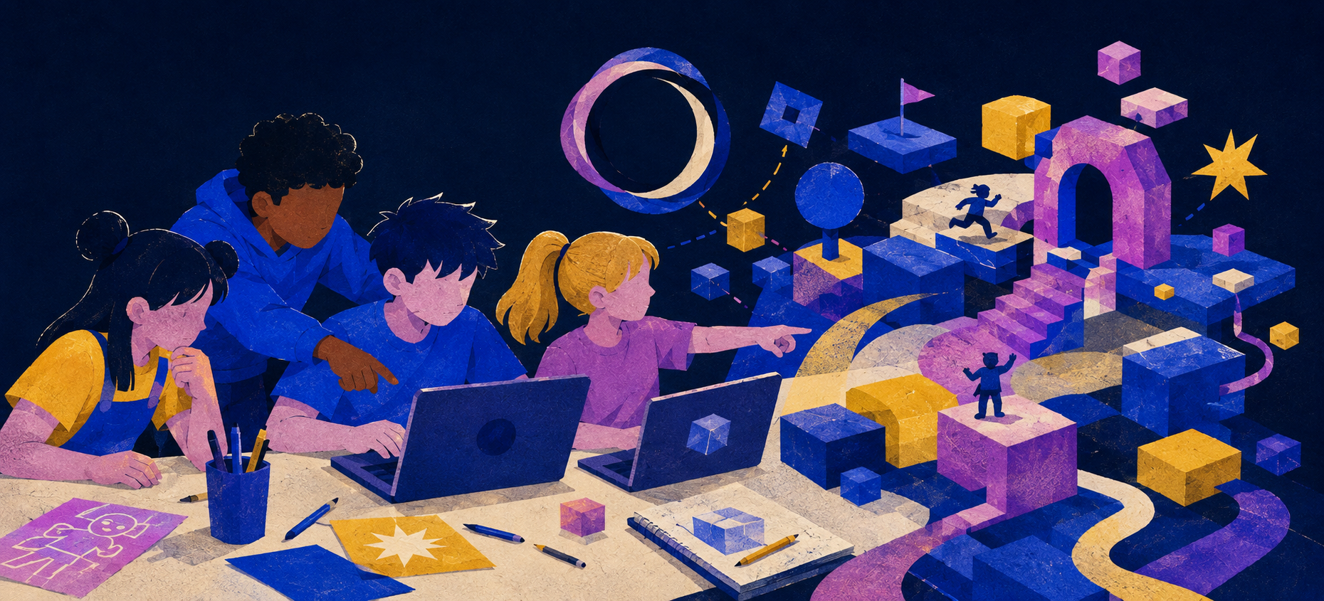 Illustration of children working together on a creative project with digital and geometric elements, including pathways, cubes, and figures, in a colorful, abstract style.