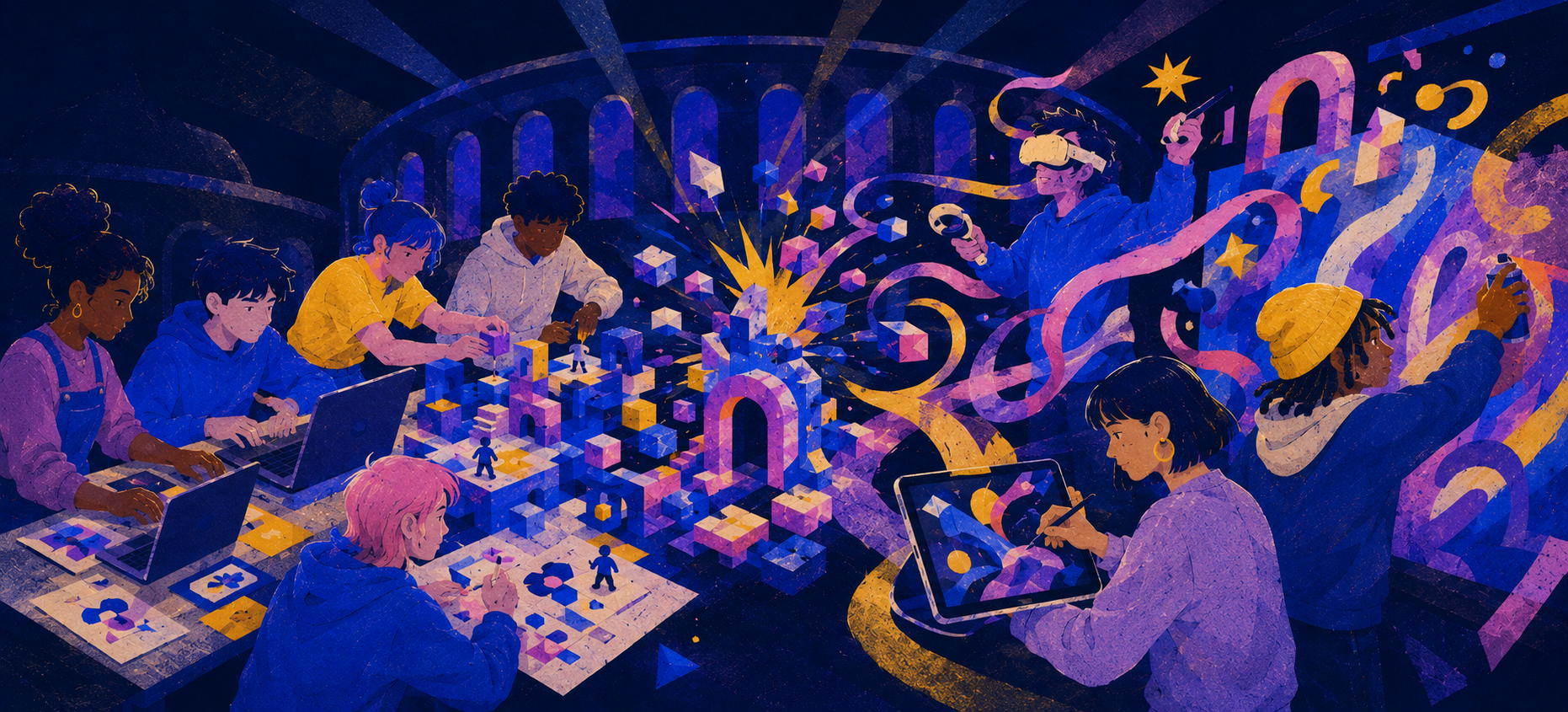 Digital illustration of a diverse group of young people engaging in creative activities involving technology, virtual reality, and digital art, with a cosmic, abstract background.