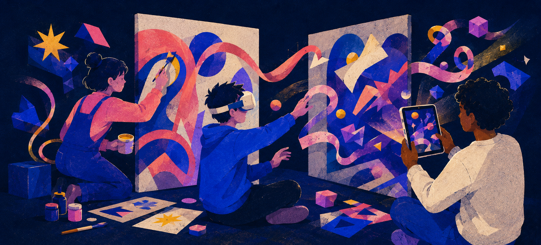 Three young artists creating digital and traditional art in a dark studio. One girl with a bun kneels and paints on a large canvas, a boy with virtual reality goggles draws on a digital screen, and another person with curly hair holds a tablet, all surrounded by colorful geometric shapes, paint supplies, and art tools.