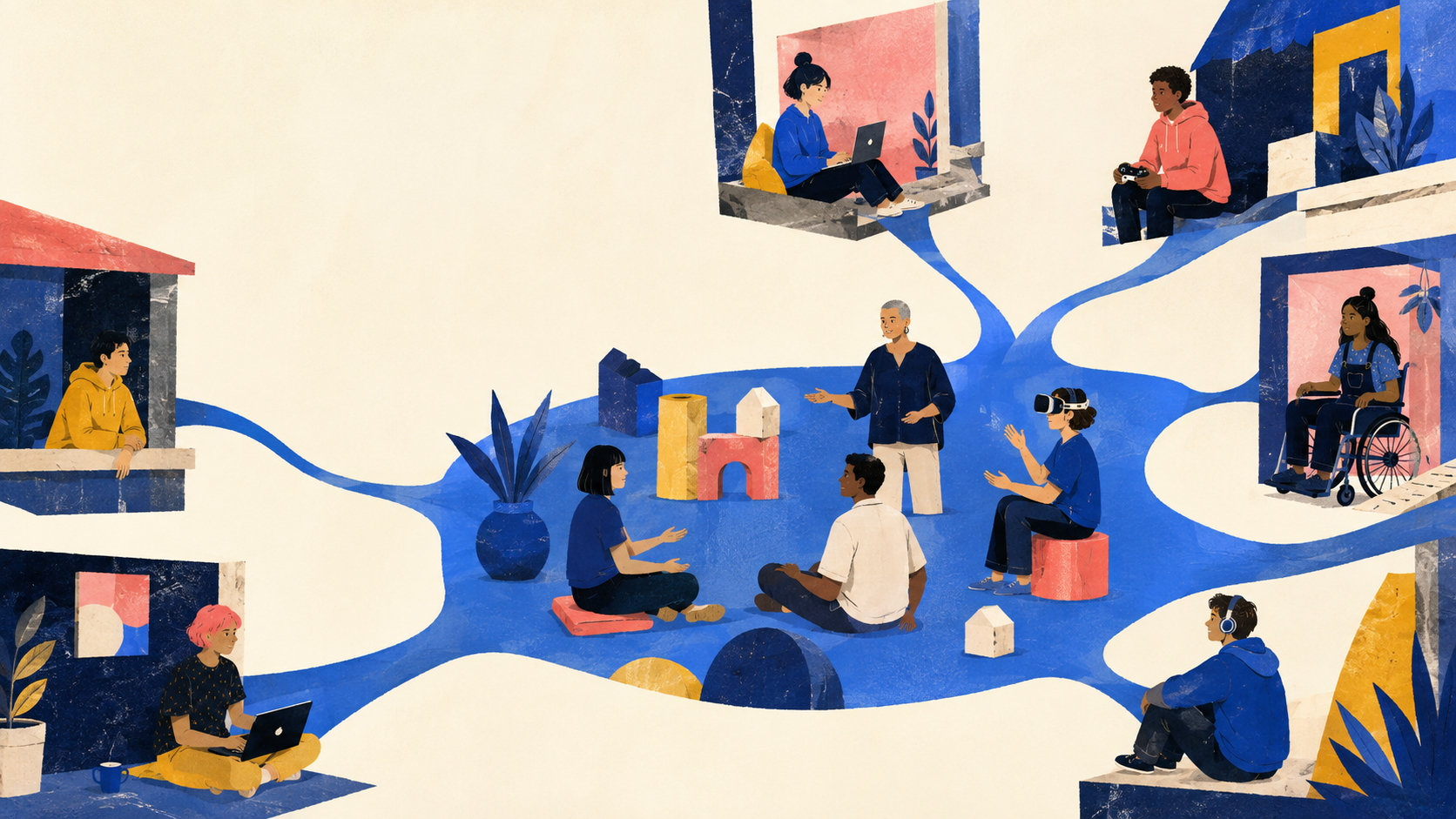 Illustration of diverse people engaged in various activities connected by a blue flow. Some are working on laptops, using virtual reality, or sitting on windowsills, while others sit on the ground or in wheelchairs, indicating inclusivity.