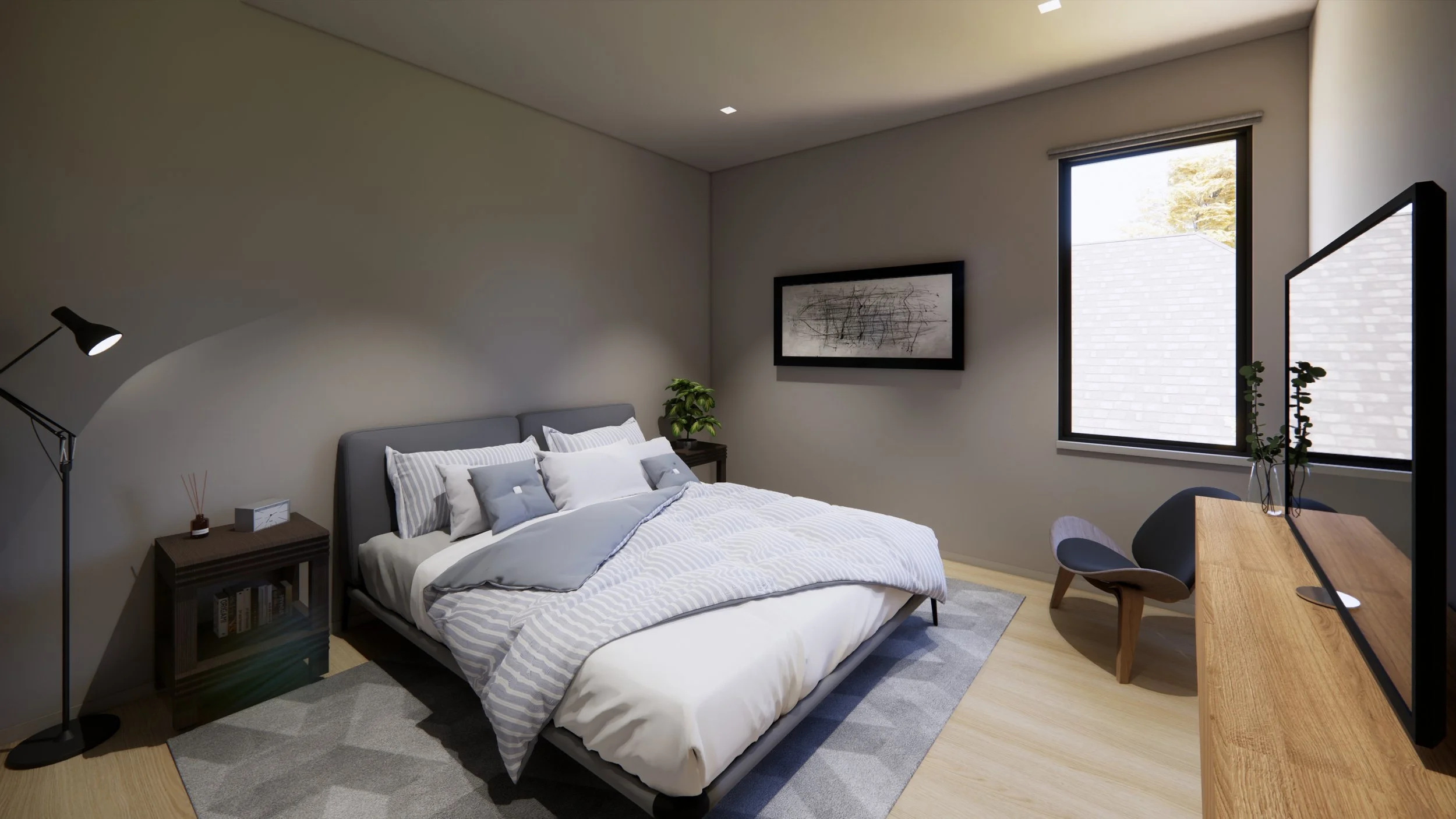Modern bedroom with a bed, nightstand, desk with chair, window, and minimalist decor.