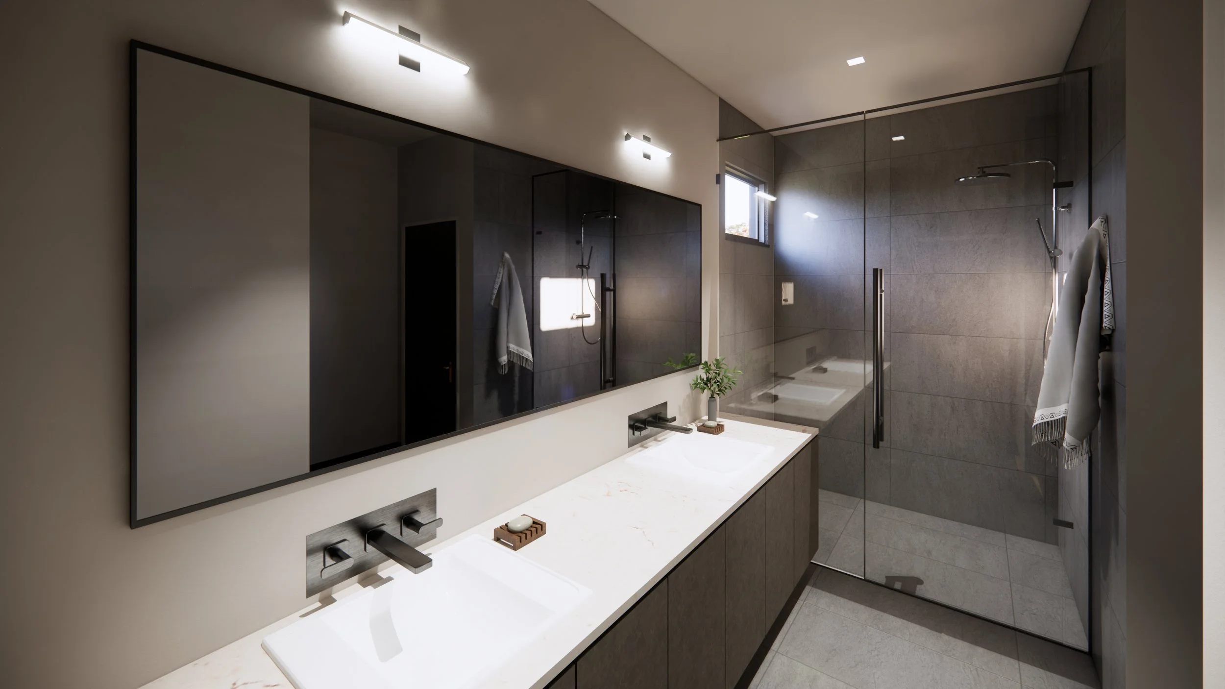 Modern bathroom with double sink vanity, large mirror, walk-in shower with glass enclosure, neutral gray tiles, and minimalistic fixtures.