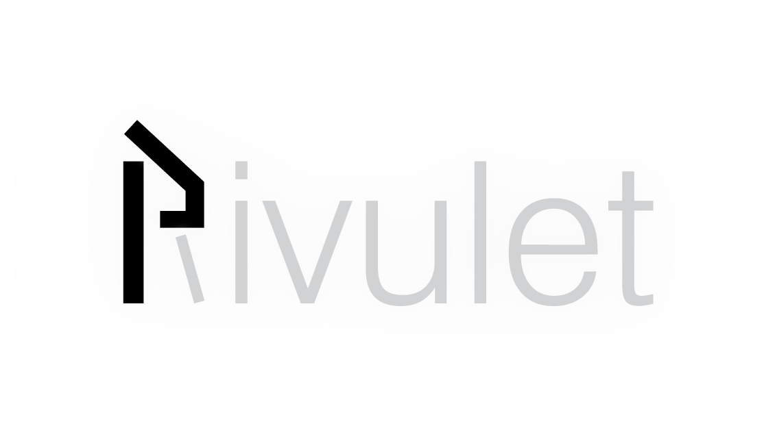 Logo of Rivulet, featuring a stylized black and white ribbon icon next to the word "Rivulet" in light gray text.