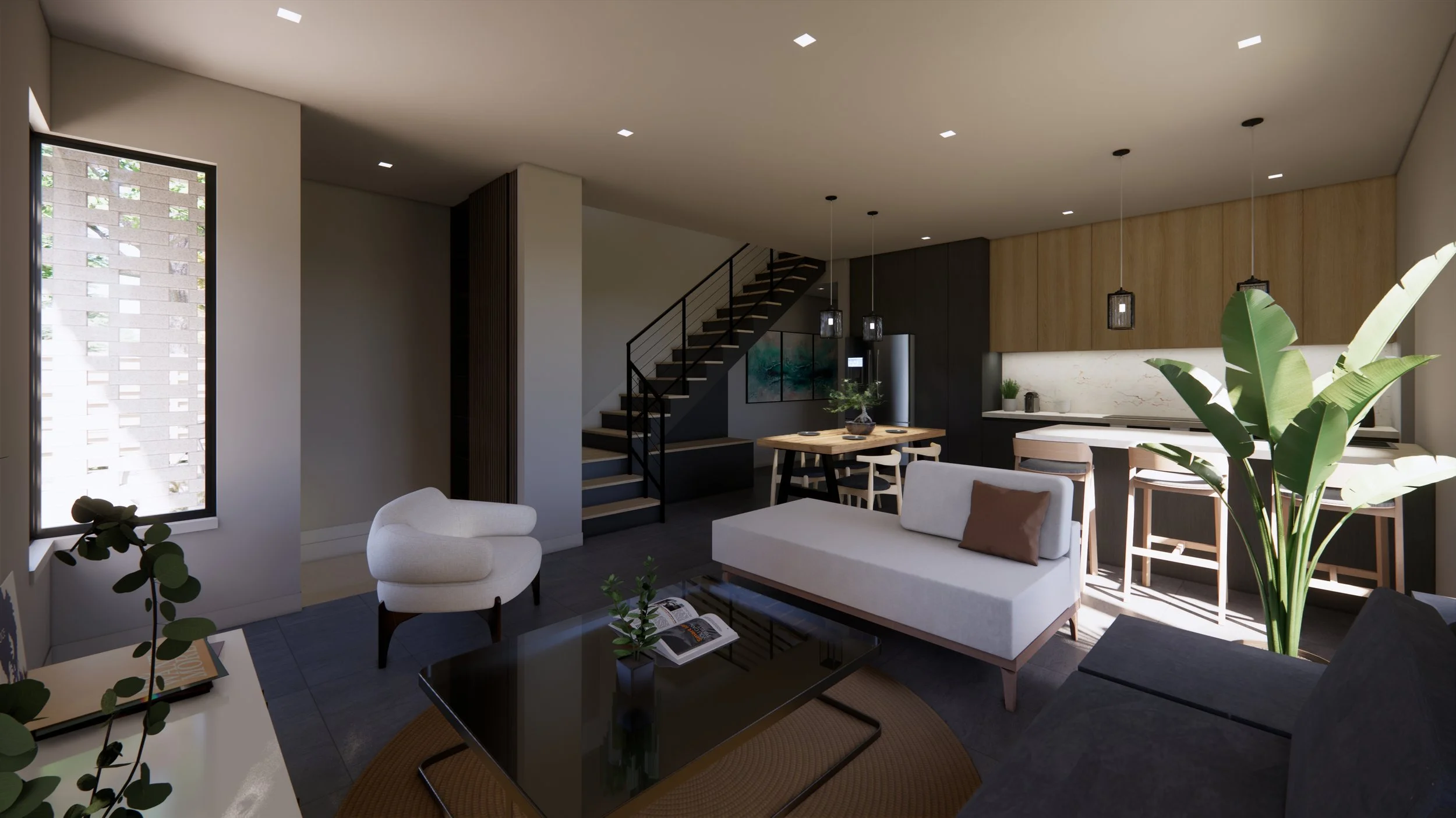 Modern living room with white sofa, black coffee table, armchair, large plant, open kitchen with wooden cabinets, dining table, staircase, and large window.