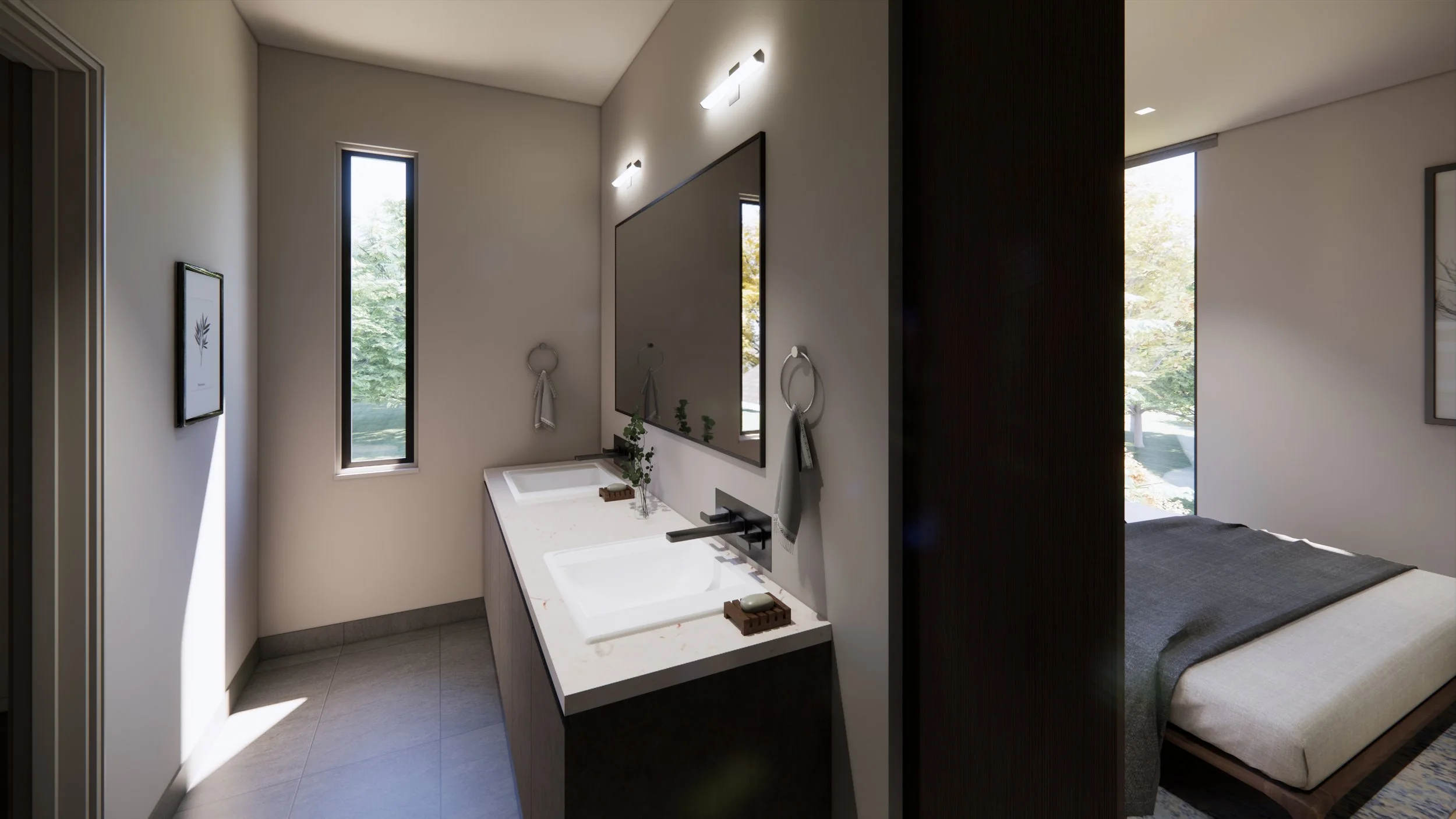 Modern bathroom with double sinks, large mirror, and two tall narrow windows, adjacent to a bedroom with a bed near a large window.