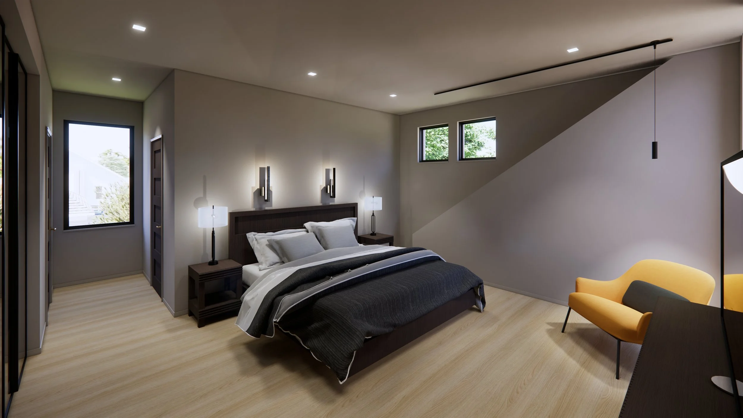 Modern bedroom with a dark wood bed, white and gray bedding, two matching nightstands with lamps, two small windows above the bed, a yellow armchair with a small black pillow, wood flooring, and minimalist lighting fixtures.