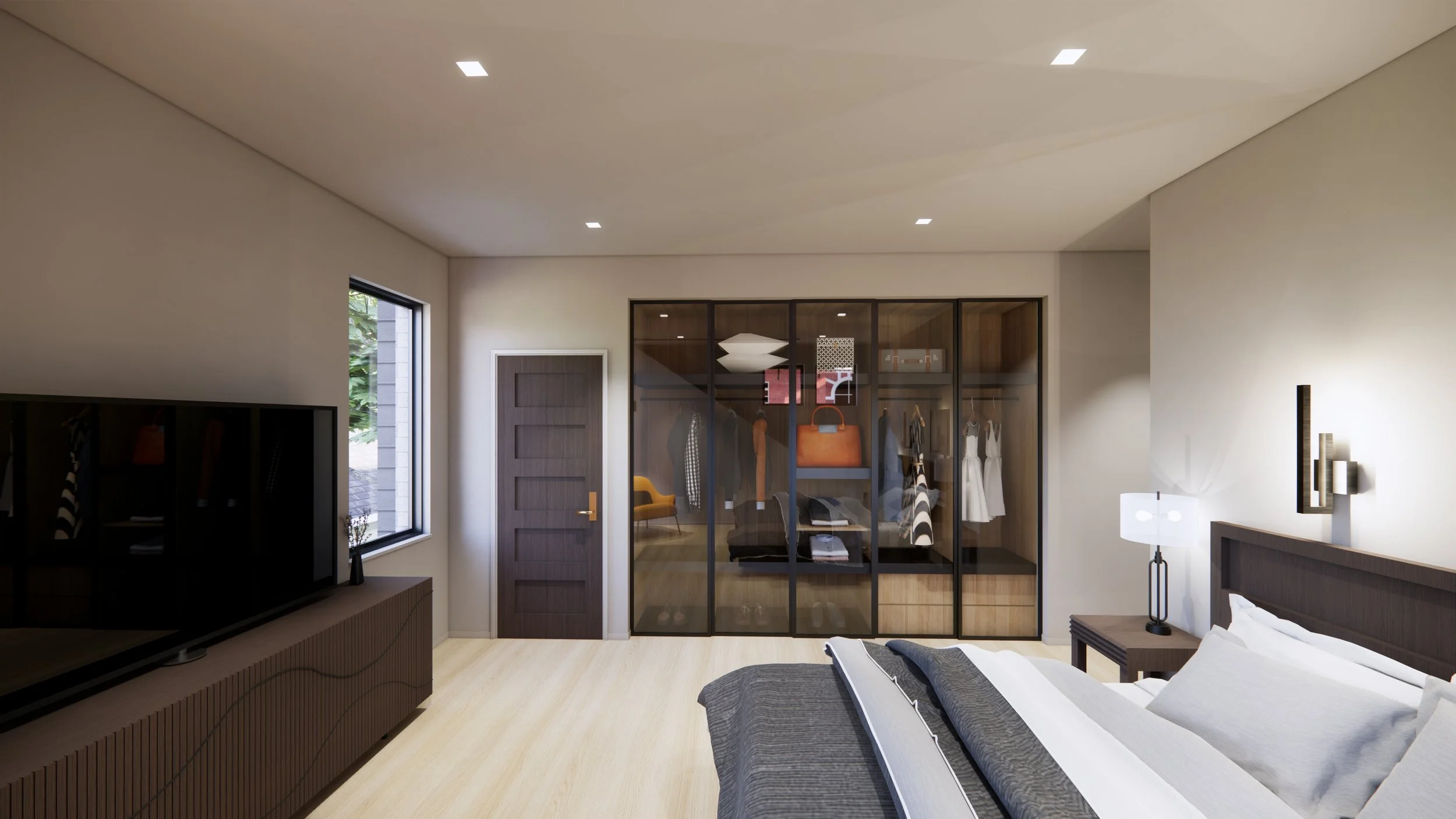 Modern bedroom with a bed, nightstand, lamp, wardrobe with glass doors, and a TV on a cabinet. The room has a window and minimalist decor.