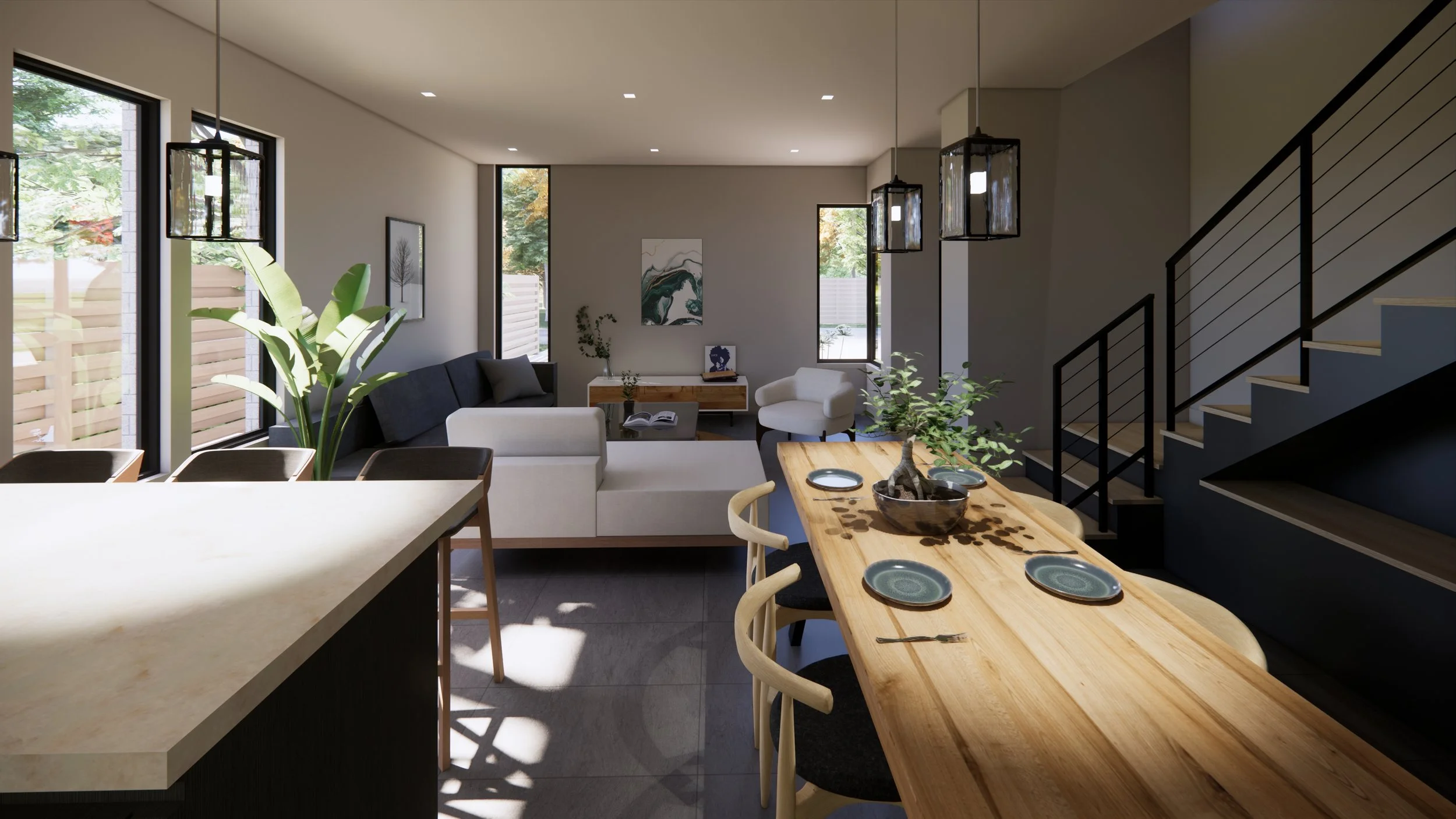Open-concept living and dining area with large windows, modern furniture, and minimal decor.